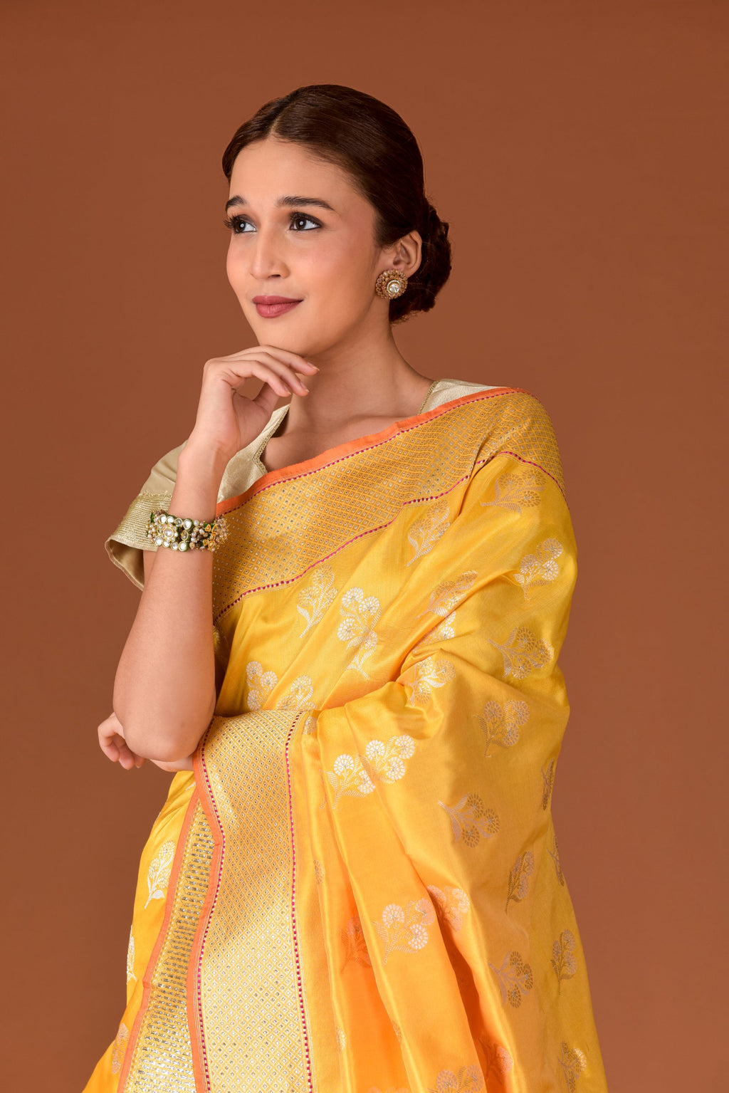 Banaras Katan Silk Saree – Sunshine Yellow | All-Over Phoolwari Butti in Silver Resham | Deep Gold Tissue Zari Border | Handwoven Banarasi Festive Saree