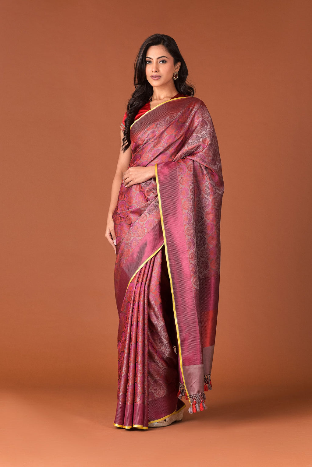 Banaras Satin Silk Saree – Wine Mauve | All-Over Lotus & Chrysanthemum Jaal in Multicolour Resham | Handwoven Banarasi Festive Saree