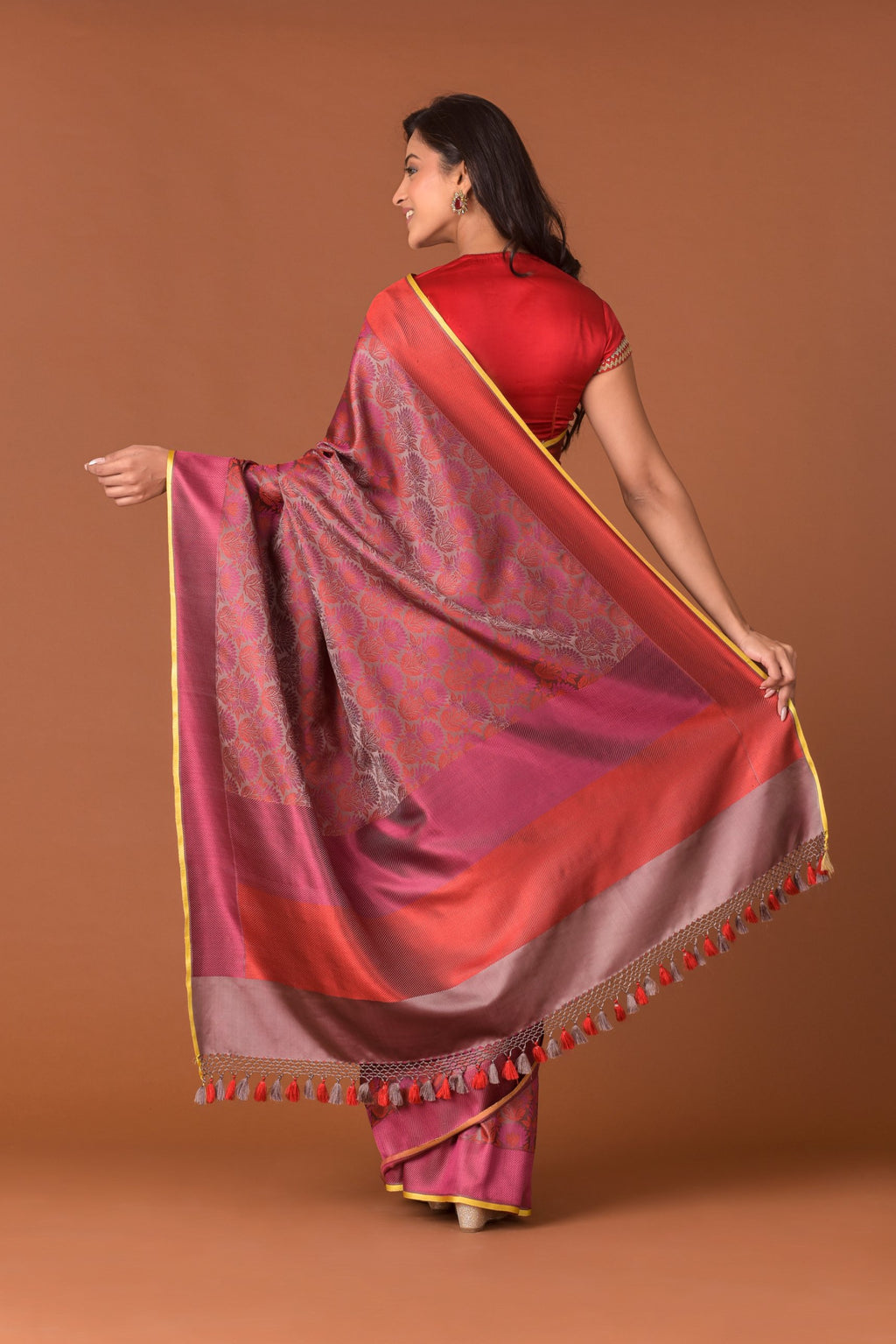 Banaras Satin Silk Saree – Wine Mauve | All-Over Lotus & Chrysanthemum Jaal in Multicolour Resham | Handwoven Banarasi Festive Saree