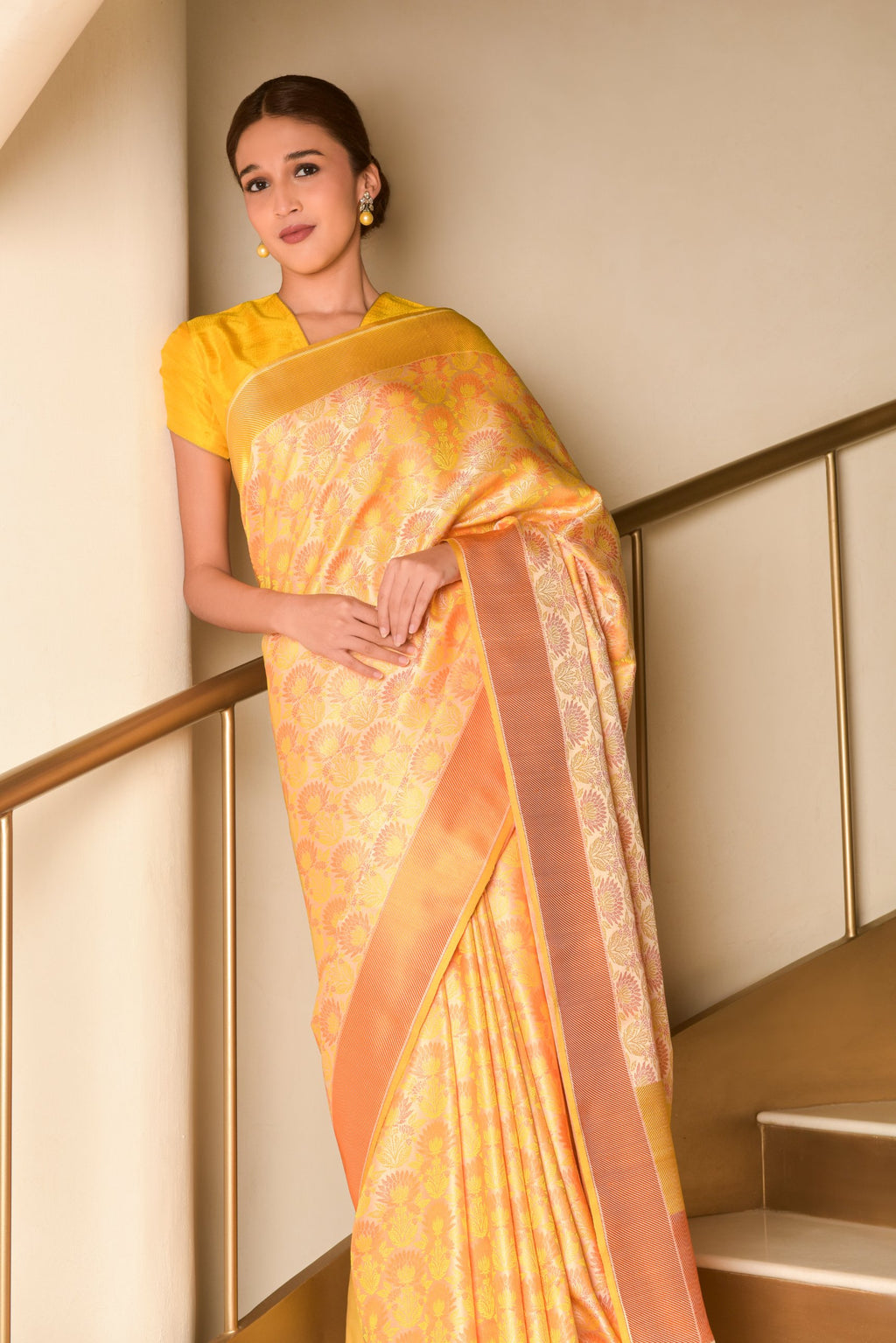 Banaras Satin Silk Saree – Cream Yellow | All-Over Lotus Jaal in Multicolour Resham | Deep Orange Satin Border | Handwoven Banarasi Festive Saree