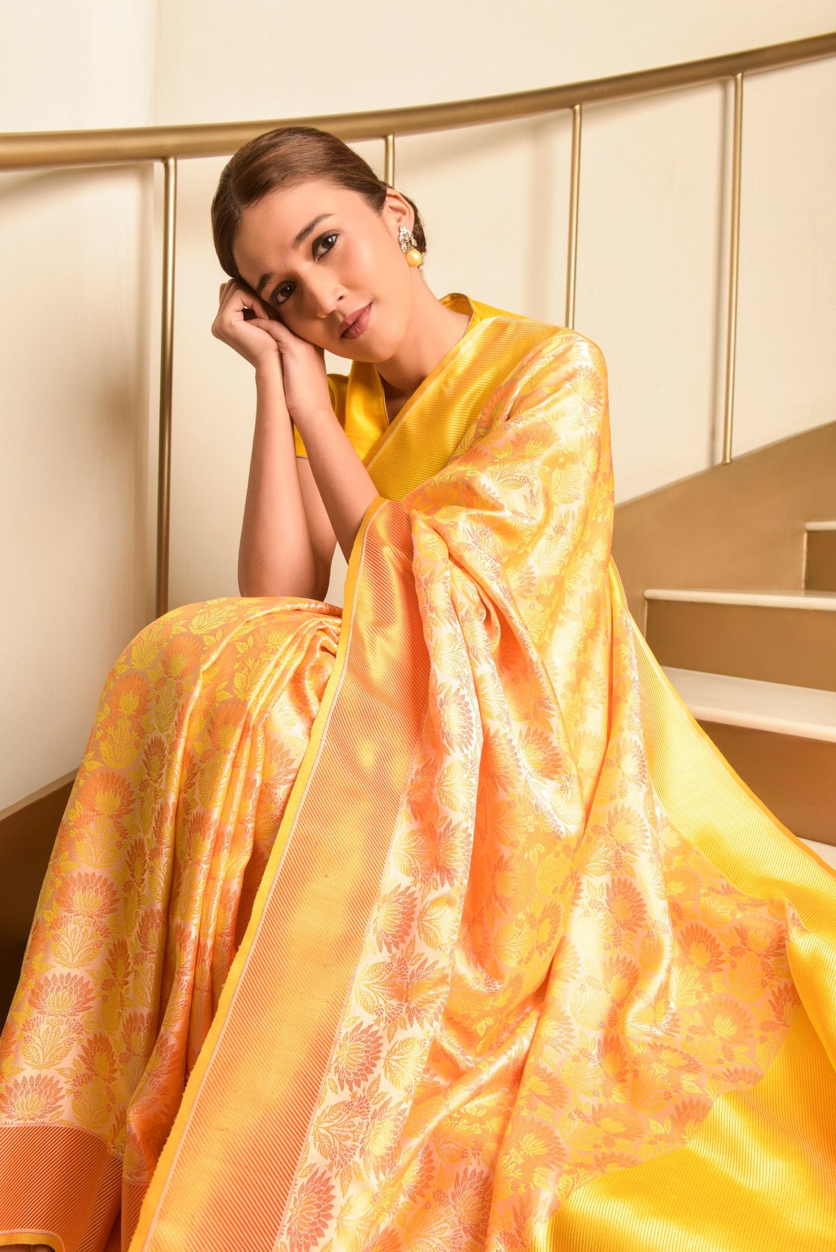 Banaras Satin Silk Saree – Cream Yellow | All-Over Lotus Jaal in Multicolour Resham | Deep Orange Satin Border | Handwoven Banarasi Festive Saree