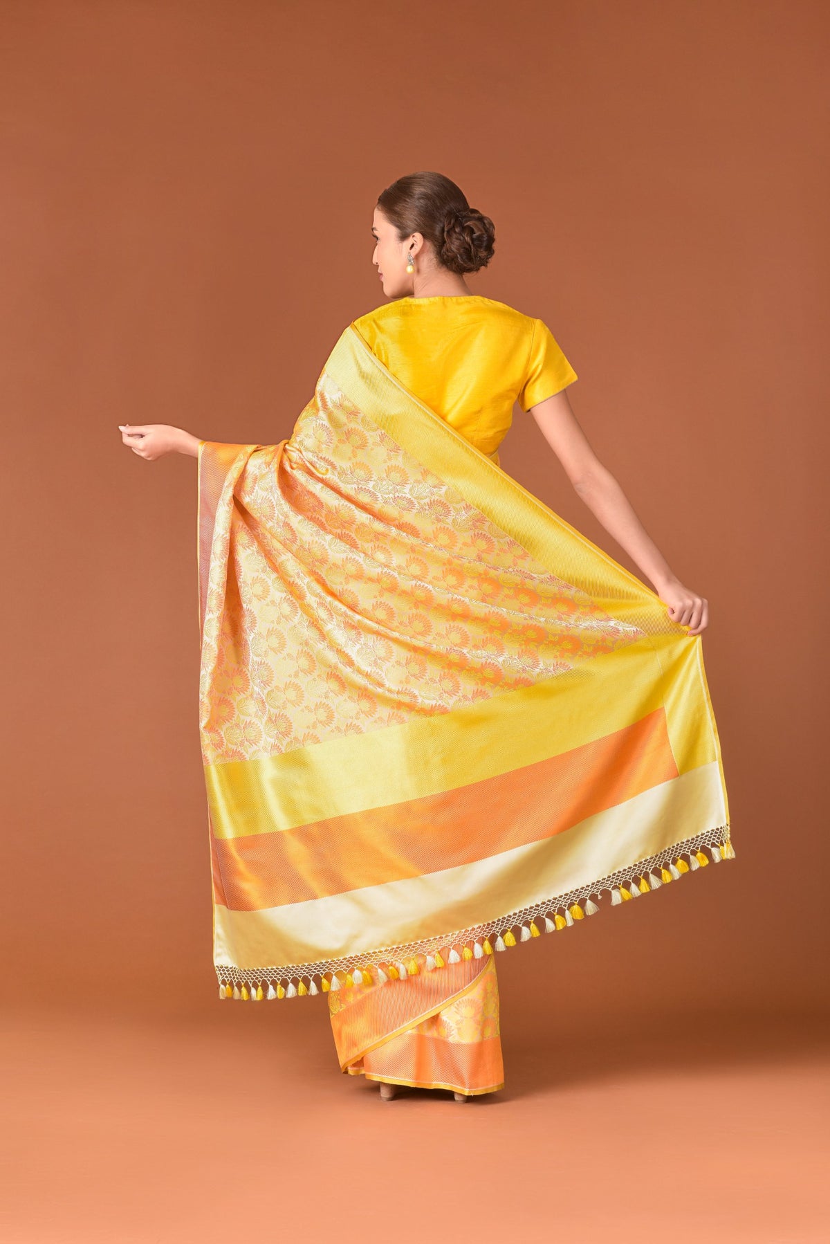 Banaras Satin Silk Saree – Cream Yellow | All-Over Lotus Jaal in Multicolour Resham | Deep Orange Satin Border | Handwoven Banarasi Festive Saree