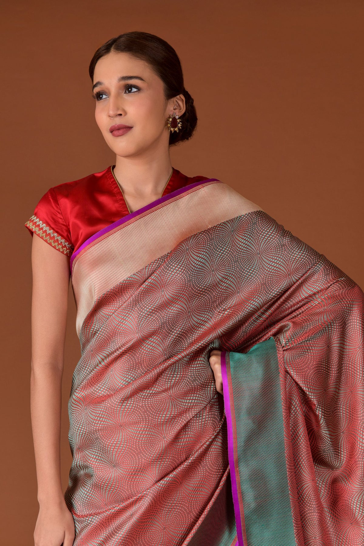 Banaras Satin Silk Saree – Rose & Teal | All-Over Geometric Fan Weave Jaal | Colour-Block Pallu | Handwoven Banarasi Contemporary Saree