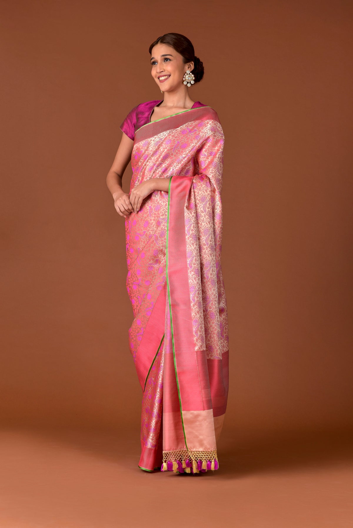 Banaras Satin Silk Saree – Peach & Rose | All-Over Floral & Bird Jaal in Fuchsia Resham | Coral Satin Border | Handwoven Banarasi Bridal Saree