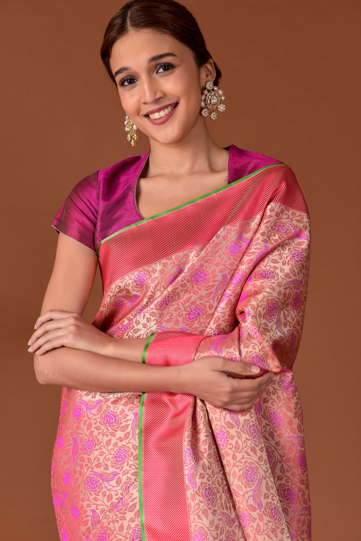 Banaras Satin Silk Saree – Peach & Rose | All-Over Floral & Bird Jaal in Fuchsia Resham | Coral Satin Border | Handwoven Banarasi Bridal Saree