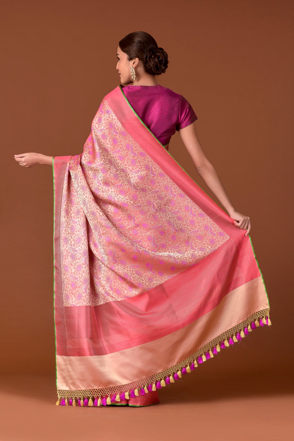 Banaras Satin Silk Saree – Peach & Rose | All-Over Floral & Bird Jaal in Fuchsia Resham | Coral Satin Border | Handwoven Banarasi Bridal Saree
