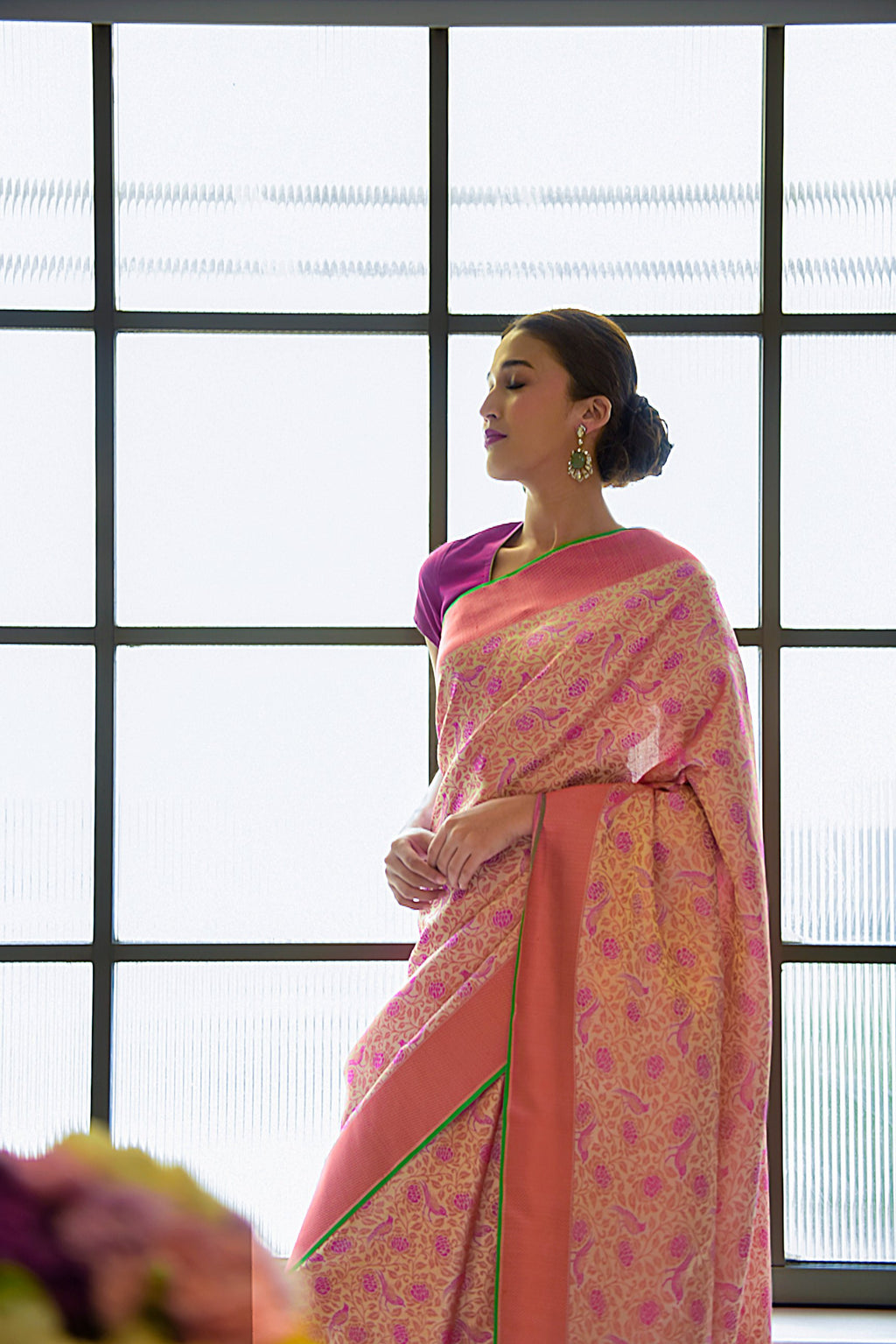 Banaras Satin Silk Saree – Peach & Rose | All-Over Floral & Bird Jaal in Fuchsia Resham | Coral Satin Border | Handwoven Banarasi Bridal Saree
