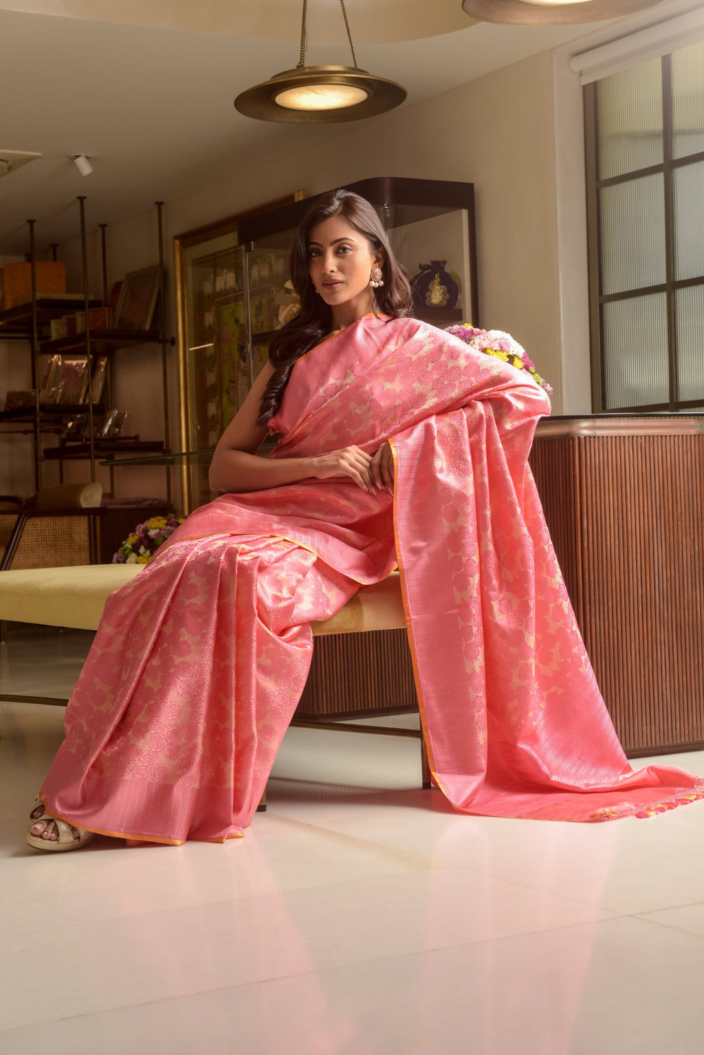 Banaras Satin Silk Saree – Coral Pink | All-Over Rose Cluster Jaal in Self-Tonal Resham | Handwoven Banarasi Festive Saree
