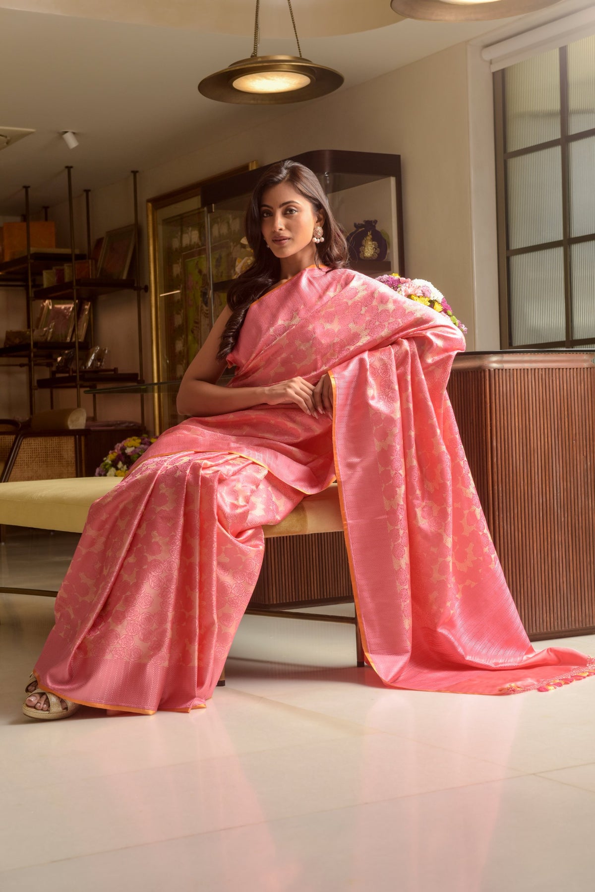Banaras Satin Silk Saree – Coral Pink | All-Over Rose Cluster Jaal in Self-Tonal Resham | Handwoven Banarasi Festive Saree