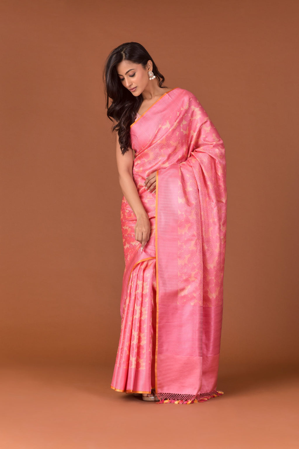 Banaras Satin Silk Saree – Coral Pink | All-Over Rose Cluster Jaal in Self-Tonal Resham | Handwoven Banarasi Festive Saree