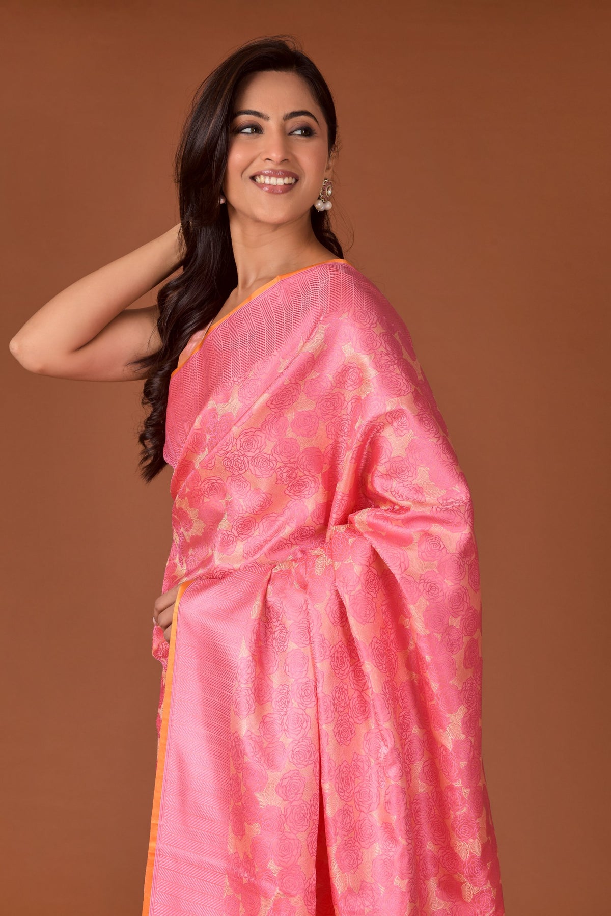 Banaras Satin Silk Saree – Coral Pink | All-Over Rose Cluster Jaal in Self-Tonal Resham | Handwoven Banarasi Festive Saree