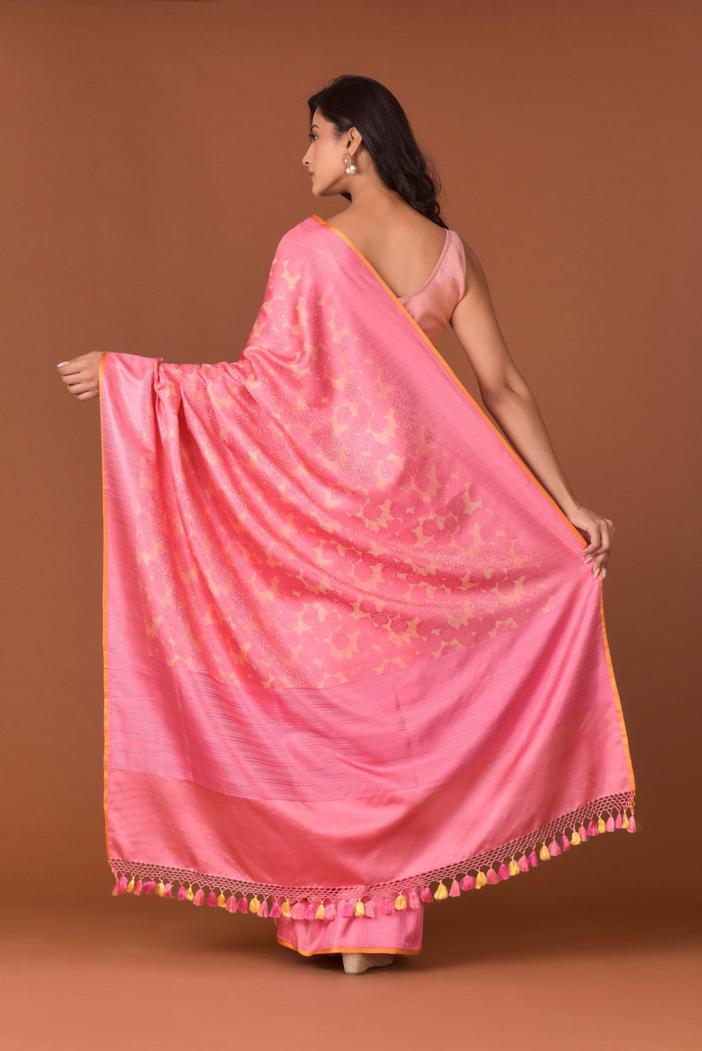 Banaras Satin Silk Saree – Coral Pink | All-Over Rose Cluster Jaal in Self-Tonal Resham | Handwoven Banarasi Festive Saree