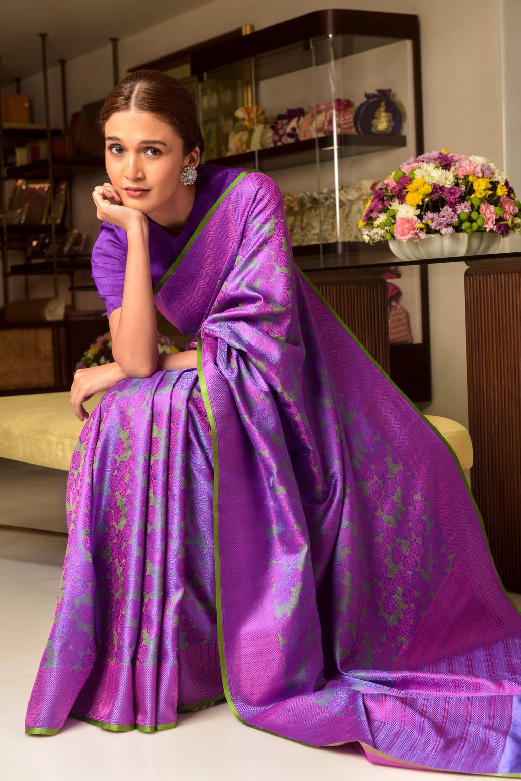 Banaras Satin Silk Saree – Iridescent Purple & Silver | All-Over Rose Cluster Jaal in Magenta Resham | Colour-Block Pallu | Handwoven Banarasi Festive Saree