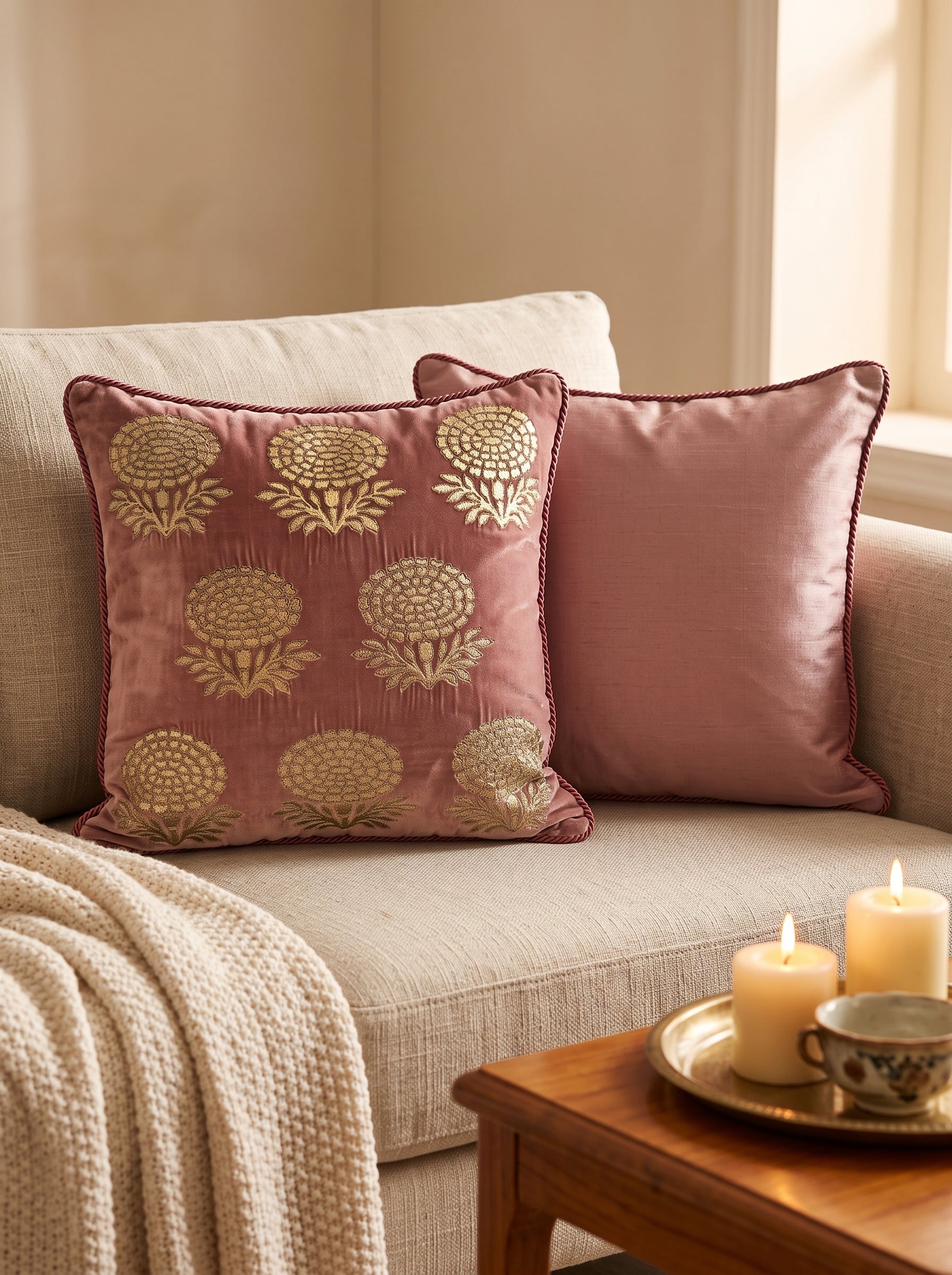 Velvet Cushion 14'X14' Marigold Double Foil Print With Dori Embroidery-Onion Pink