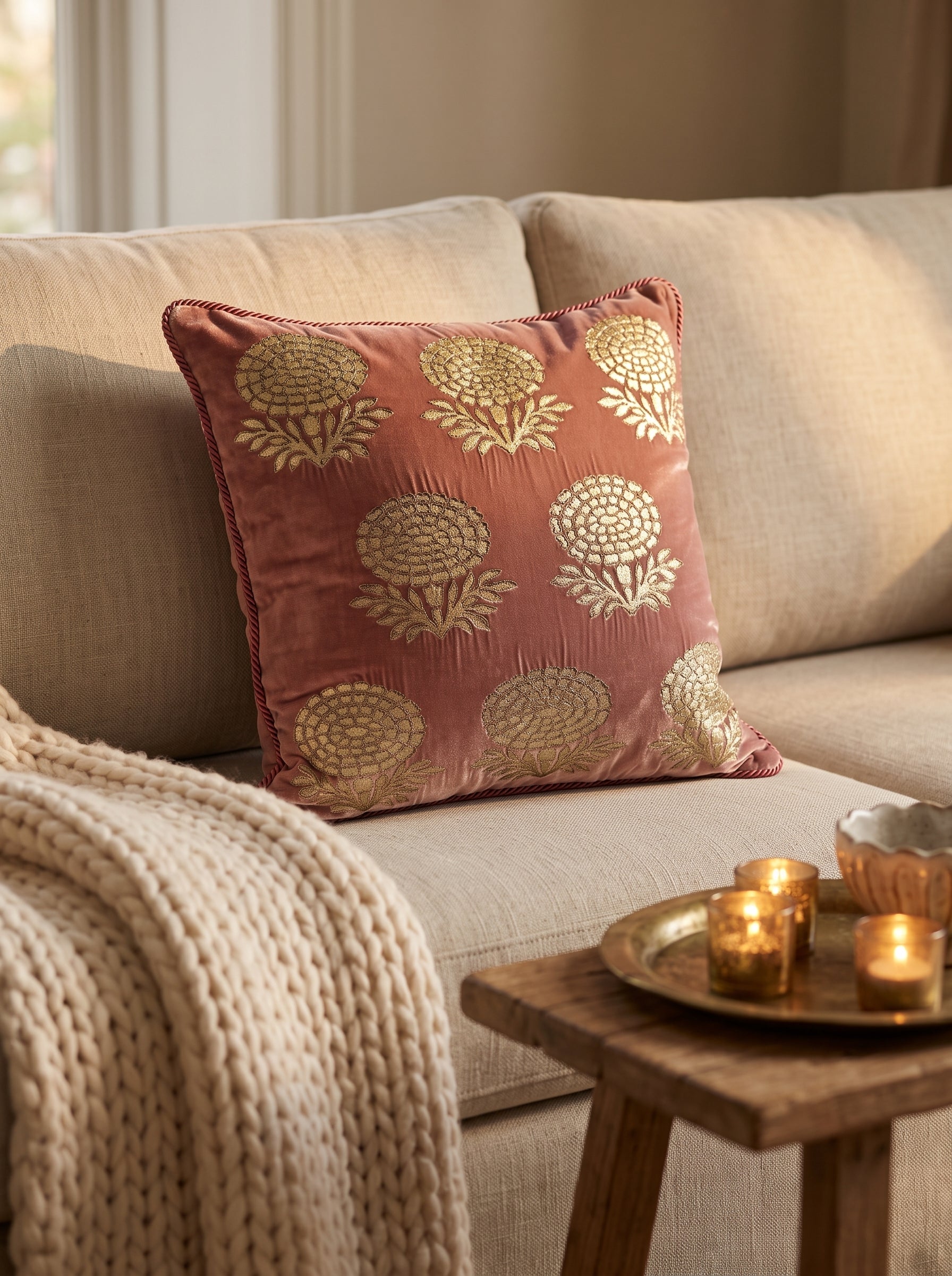 Velvet Cushion 14'X14' Marigold Double Foil Print With Dori Embroidery-Onion Pink