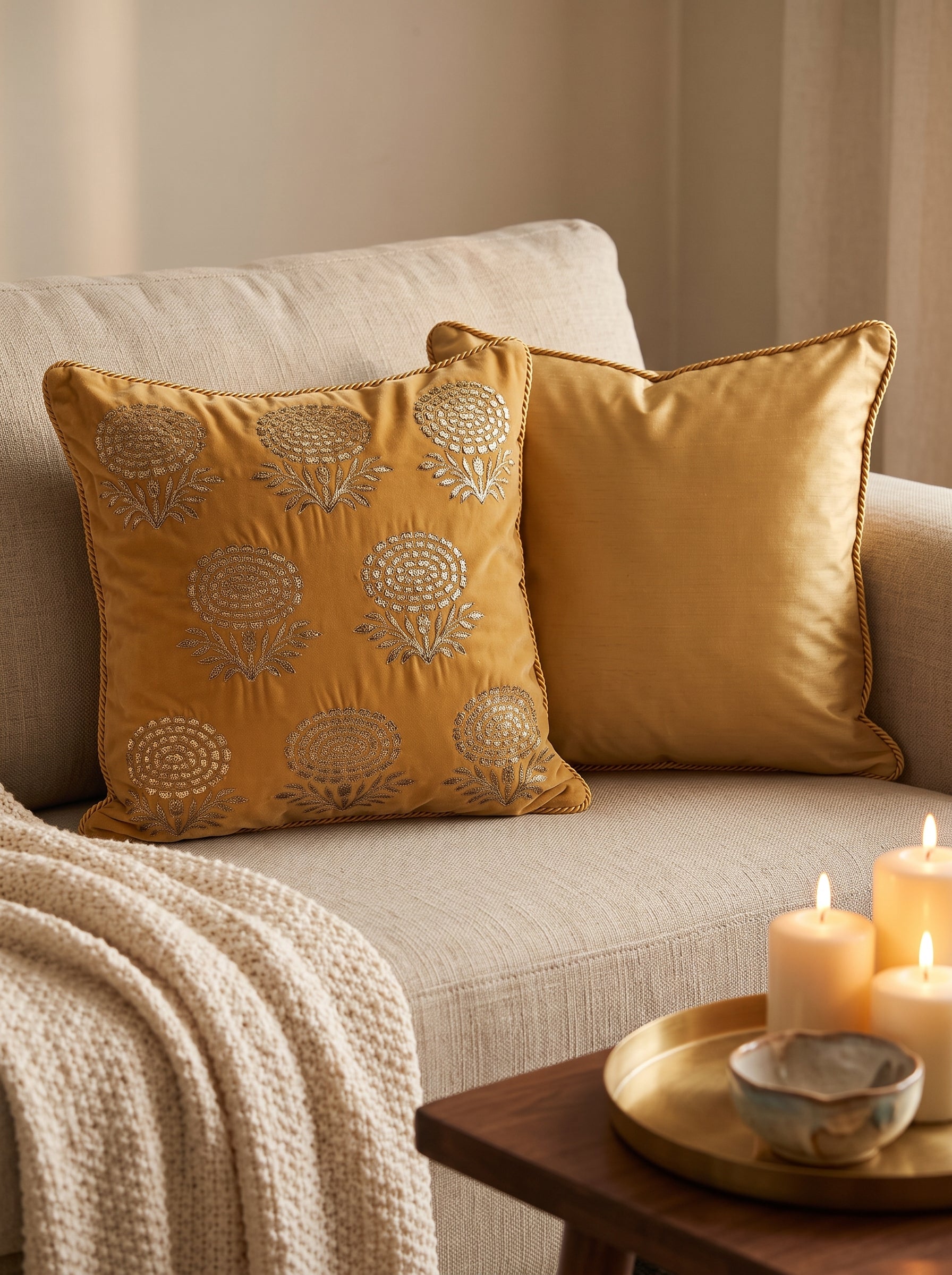 Velvet Cushion Cover 20X14' Three Flower Buta Double Foil Print With Dori Embroidery-Gold