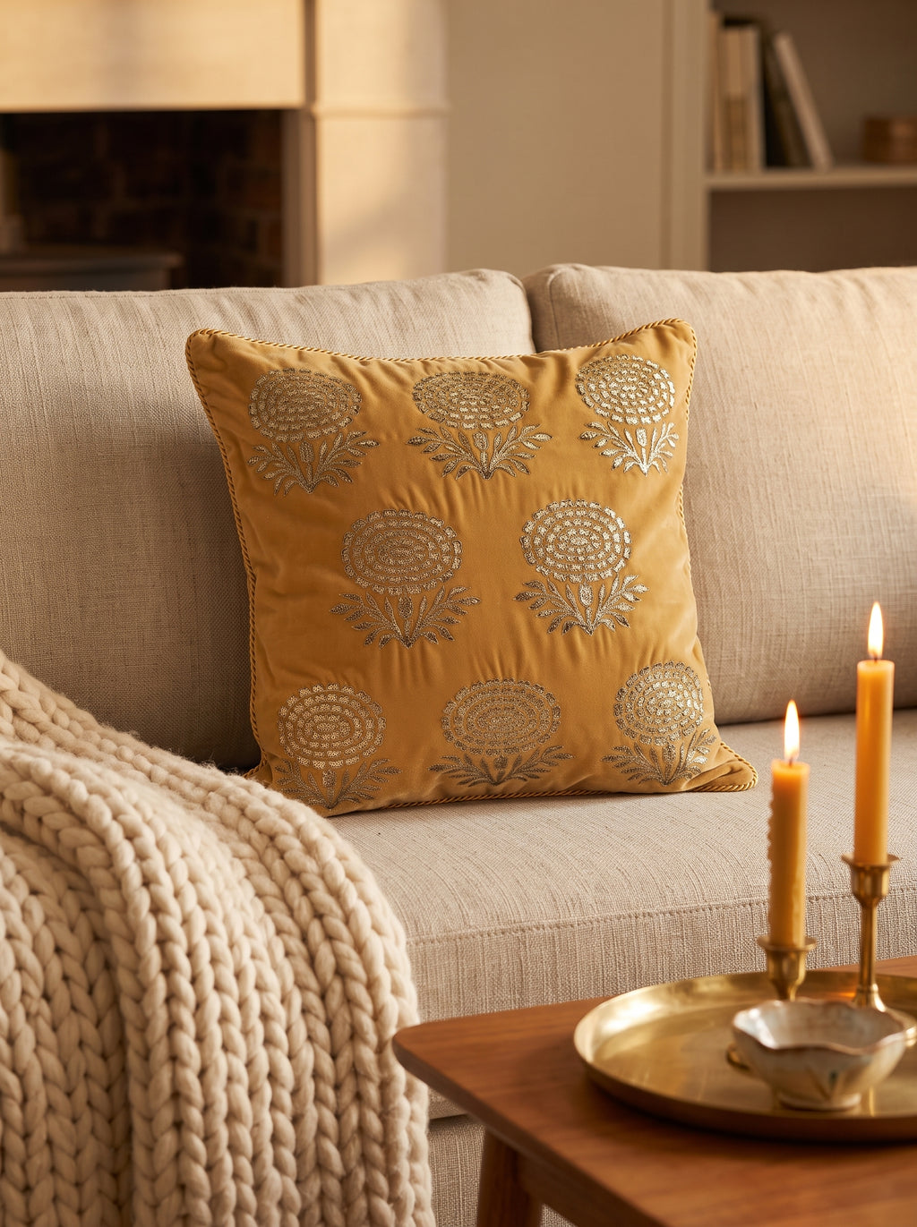 Velvet Cushion Cover 20X14' Three Flower Buta Double Foil Print With Dori Embroidery-Gold