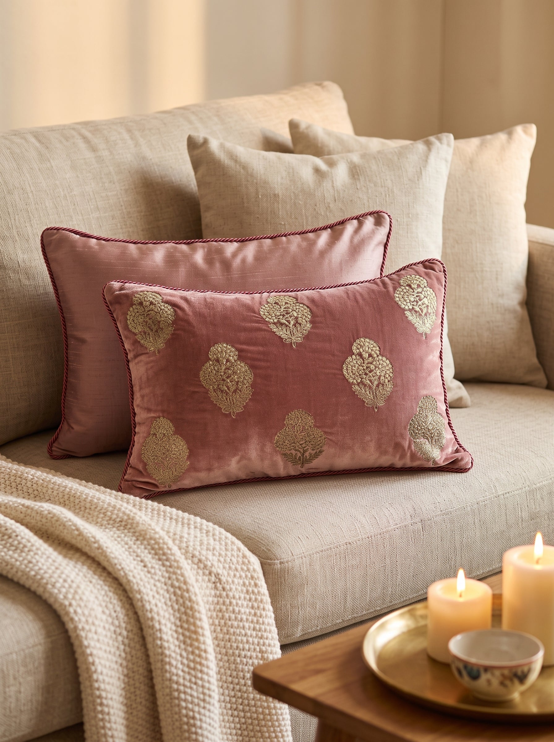 Velvet Cushion Cover 20x14" – Three Flower Buta Double Foil Print with Dori Embroidery – Onion Pink