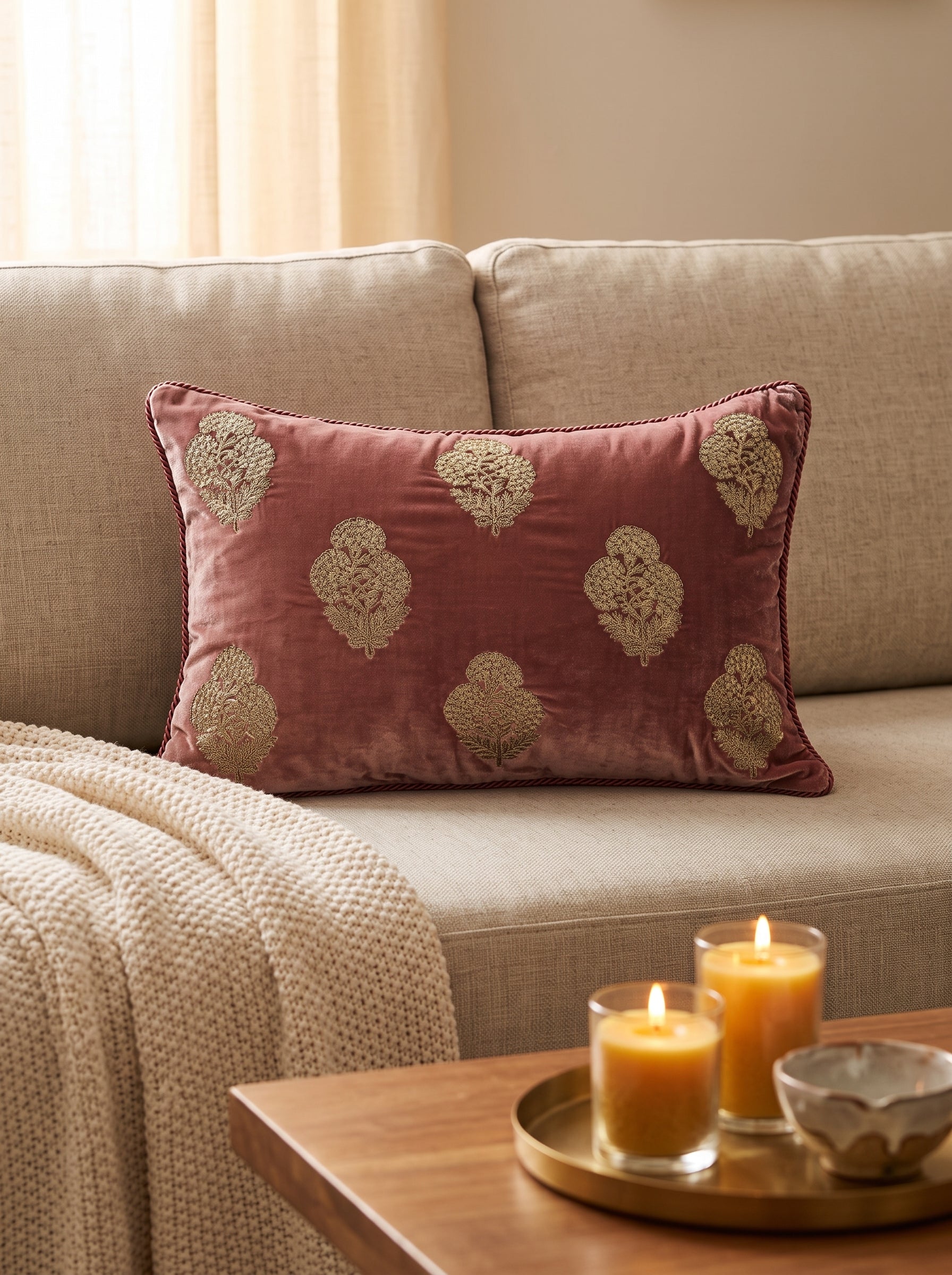 Velvet Cushion Cover 20x14" – Three Flower Buta Double Foil Print with Dori Embroidery – Onion Pink