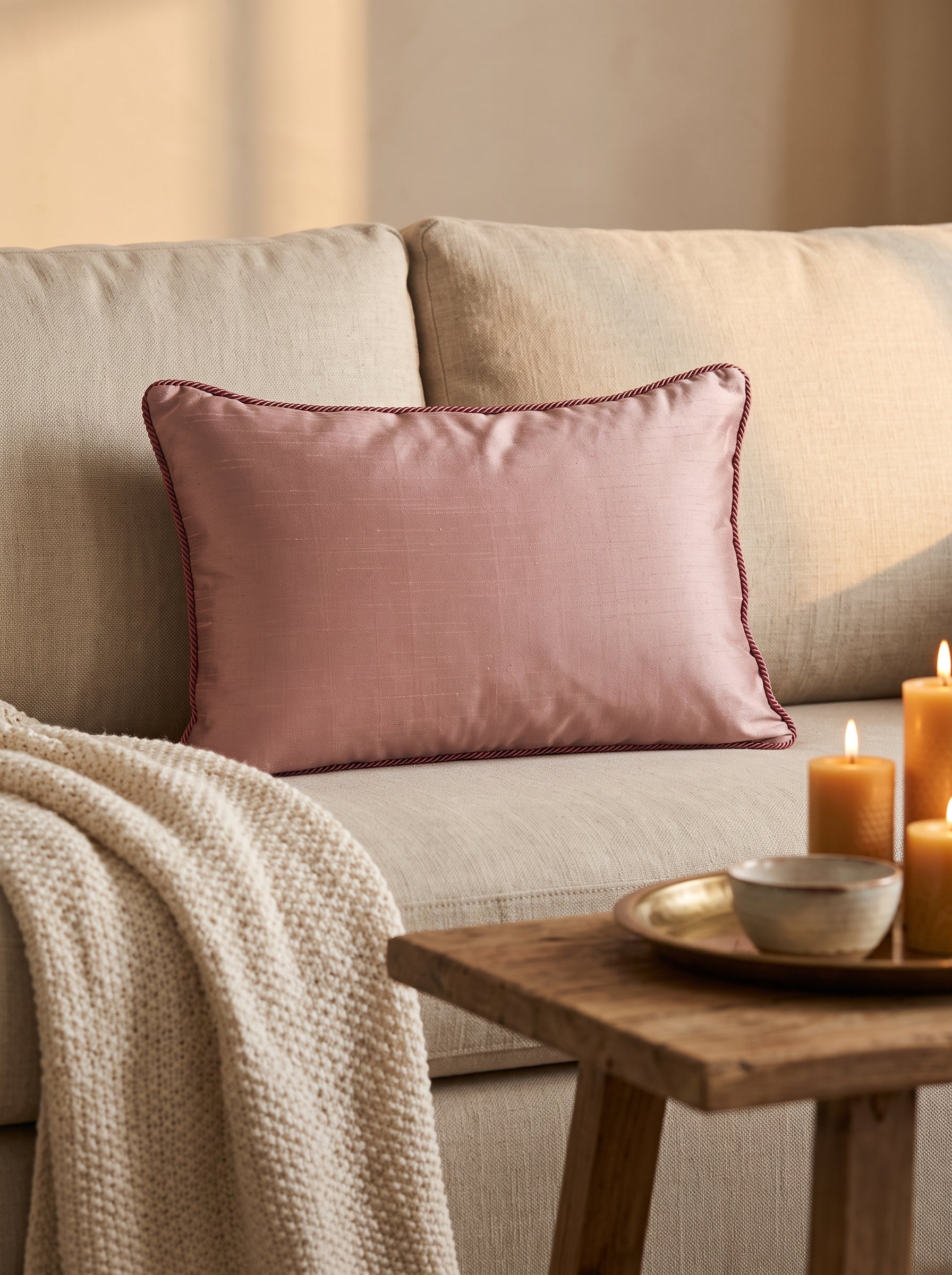 Velvet Cushion Cover 20x14" – Three Flower Buta Double Foil Print with Dori Embroidery – Onion Pink