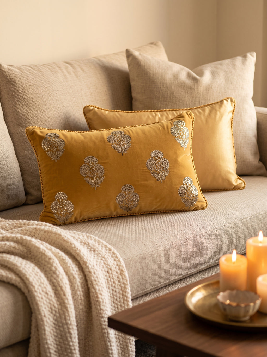 Velvet Cushion Cover 20x14" – Three Flower Buta Double Foil Print with Dori Embroidery – Gold