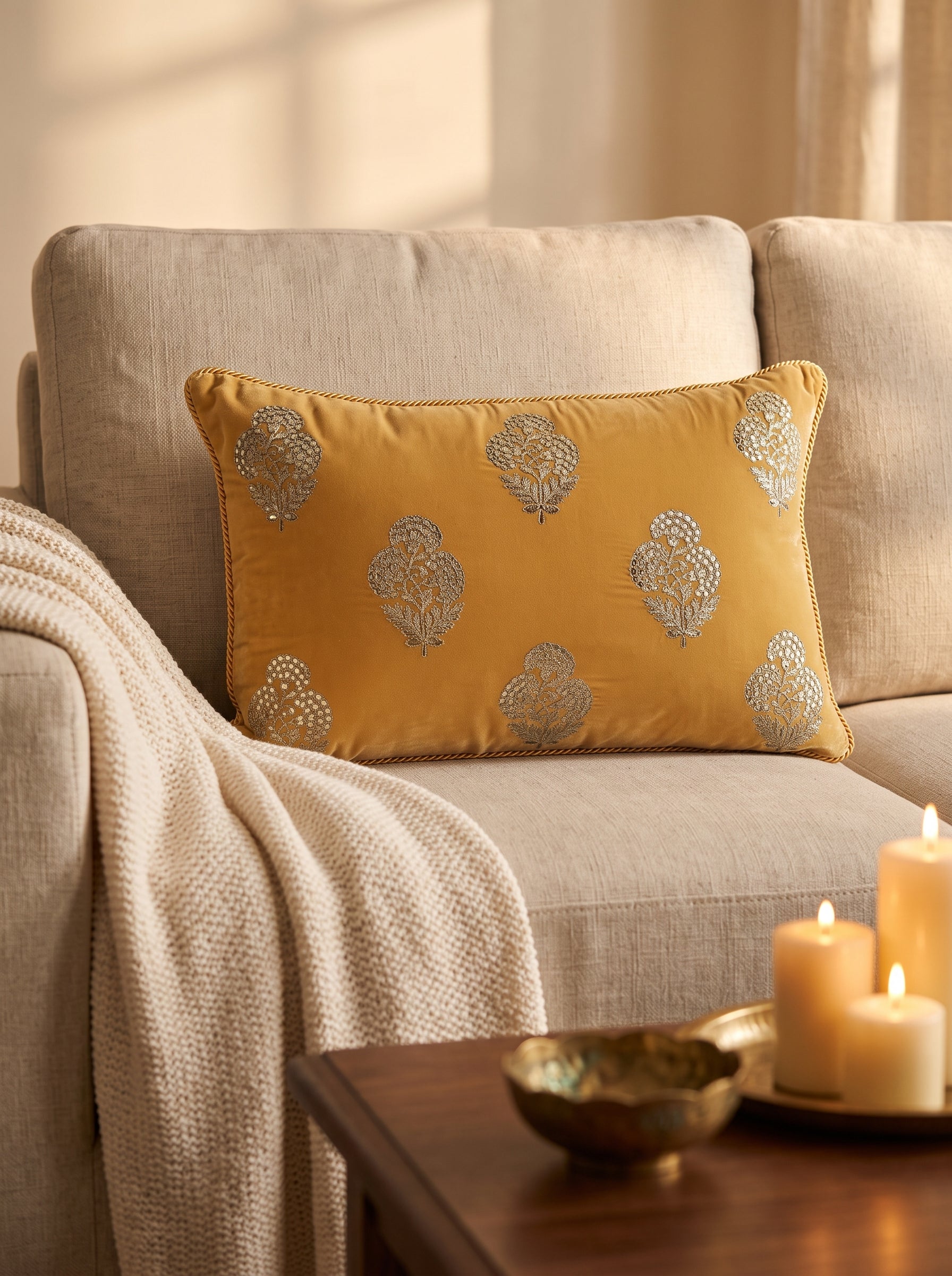 Velvet Cushion Cover 20x14" – Three Flower Buta Double Foil Print with Dori Embroidery – Gold