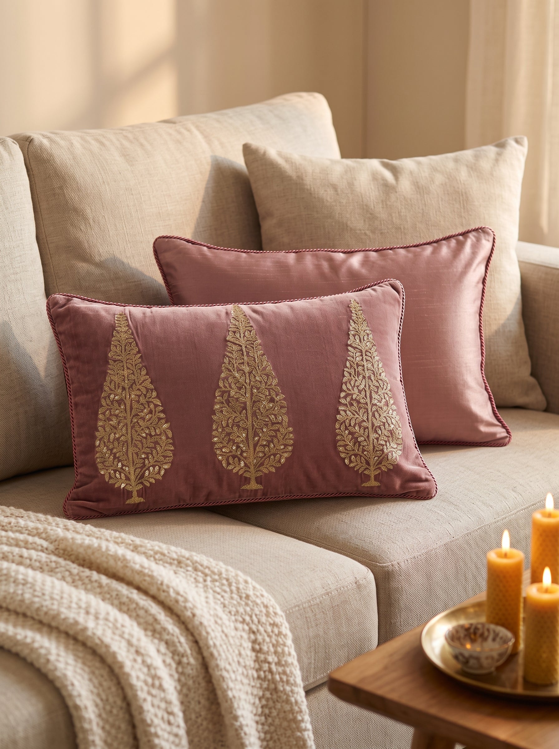 Velvet Cushion Cover 20x14" – Tree of Leaf Aari Embroidery – Onion Pink