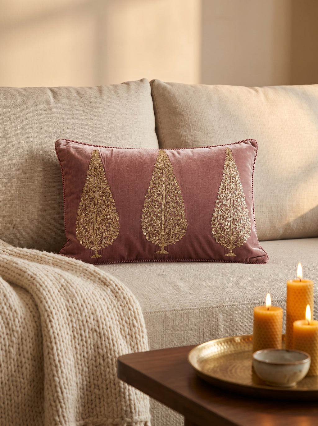 Velvet Cushion Cover 20x14" – Tree of Leaf Aari Embroidery – Onion Pink
