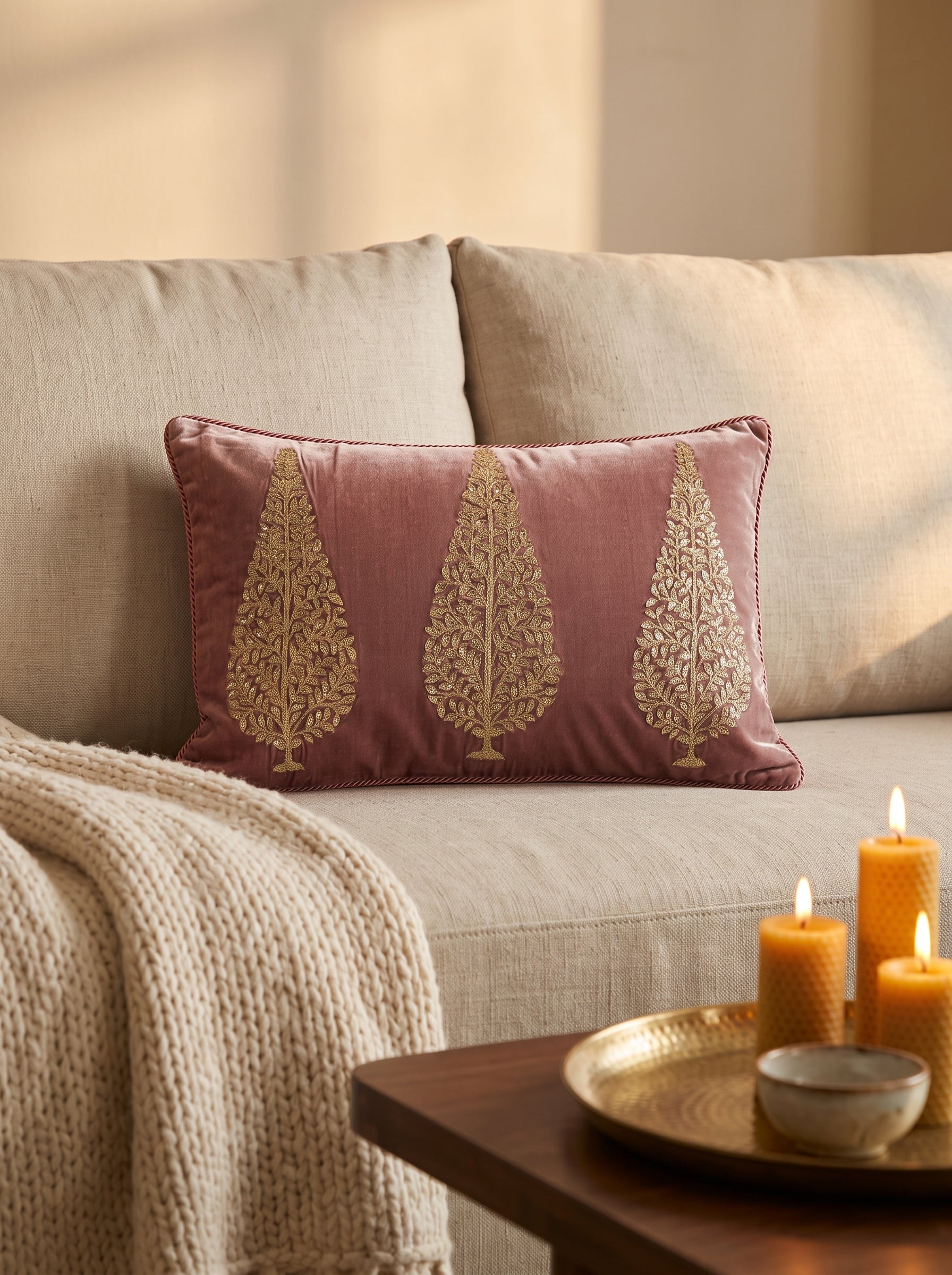 Velvet Cushion Cover 20x14" – Tree of Leaf Aari Embroidery – Onion Pink