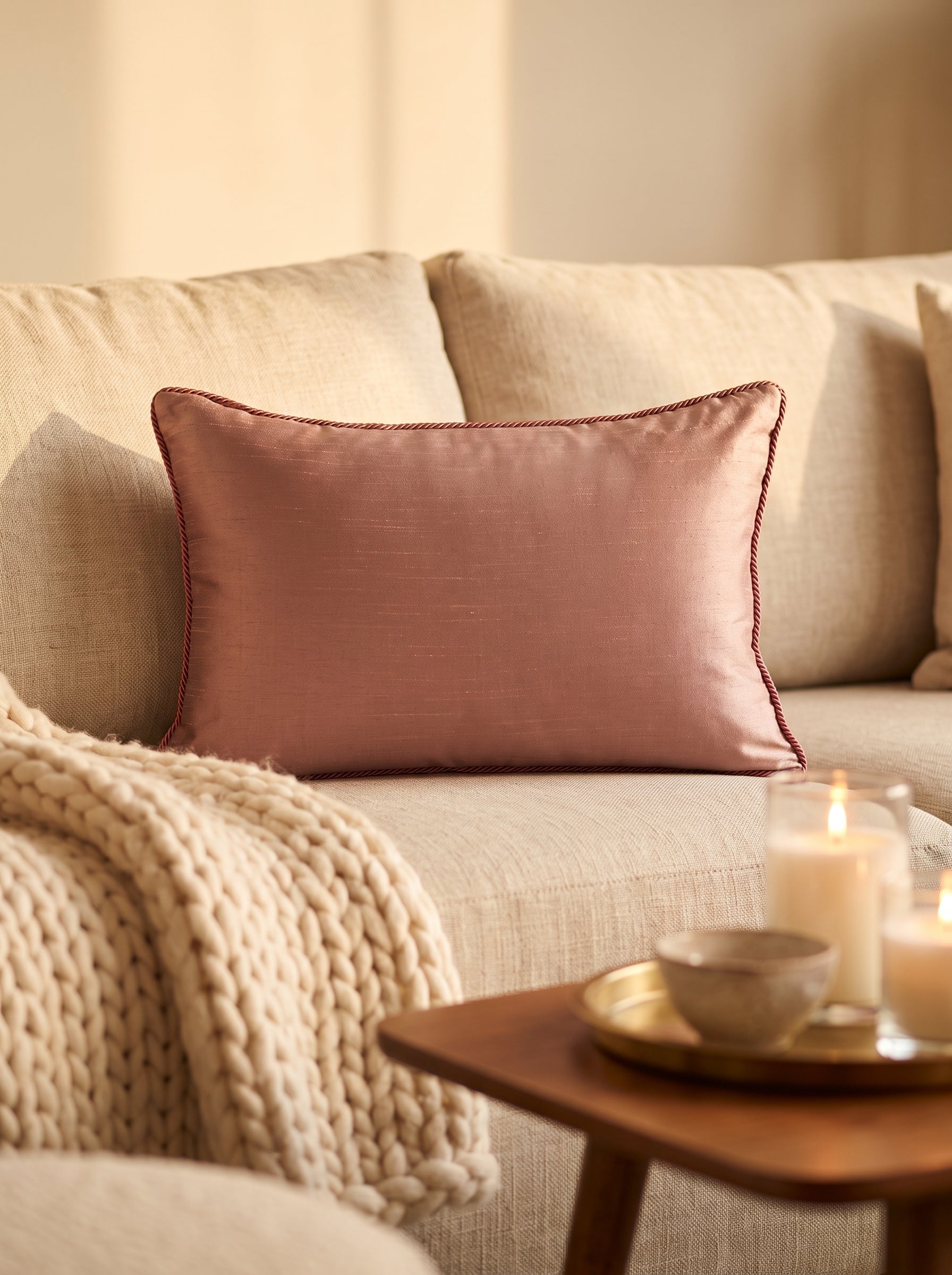 Velvet Cushion Cover 20x14" – Tree of Leaf Aari Embroidery – Onion Pink