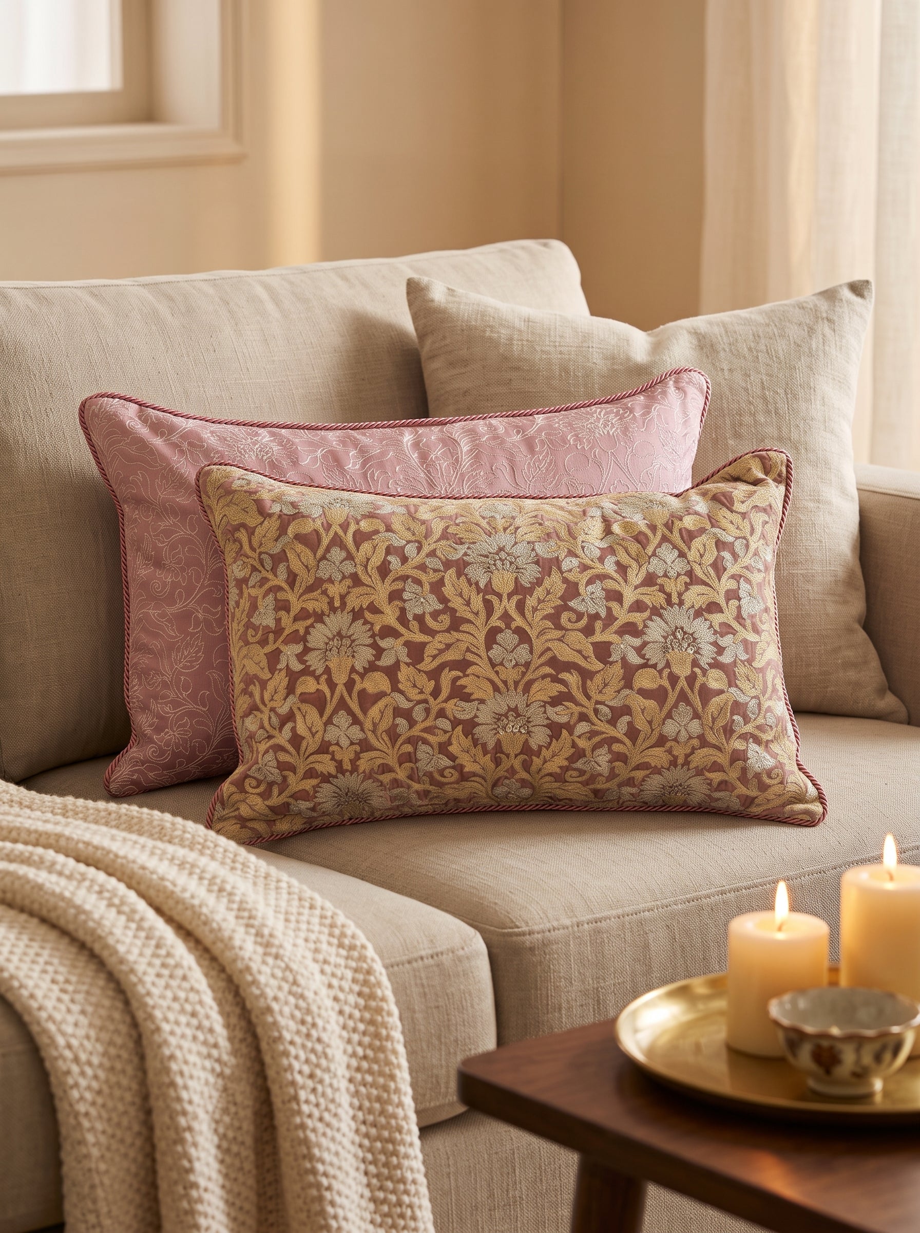 Velvet Cushion Cover 20x14" – New Mughal Jaal Aari Embroidery – Onion Pink