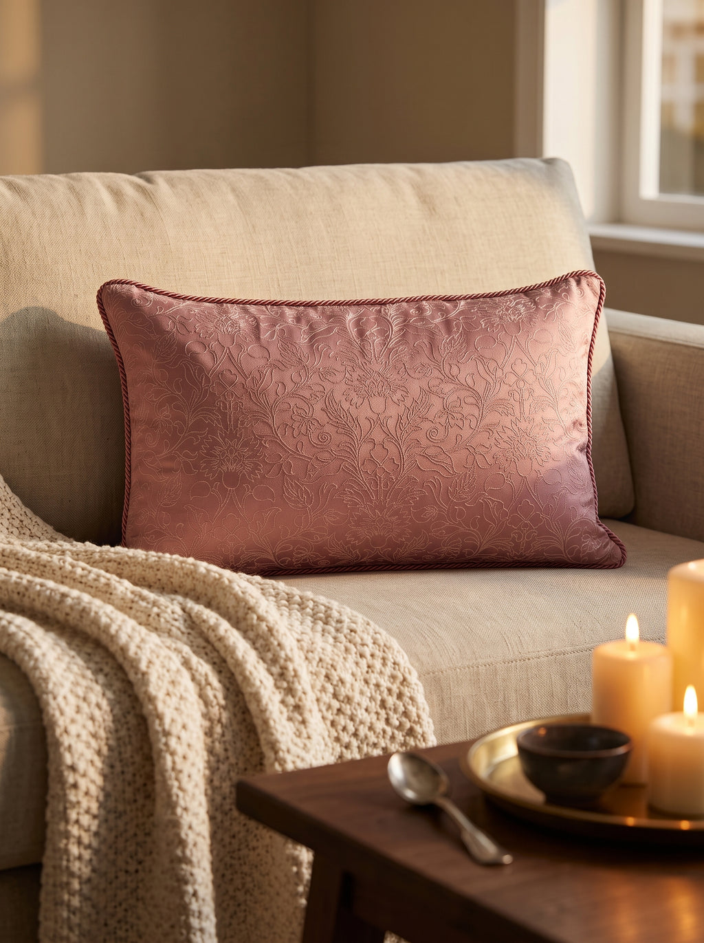 Velvet Cushion Cover 20x14" – New Mughal Jaal Aari Embroidery – Onion Pink