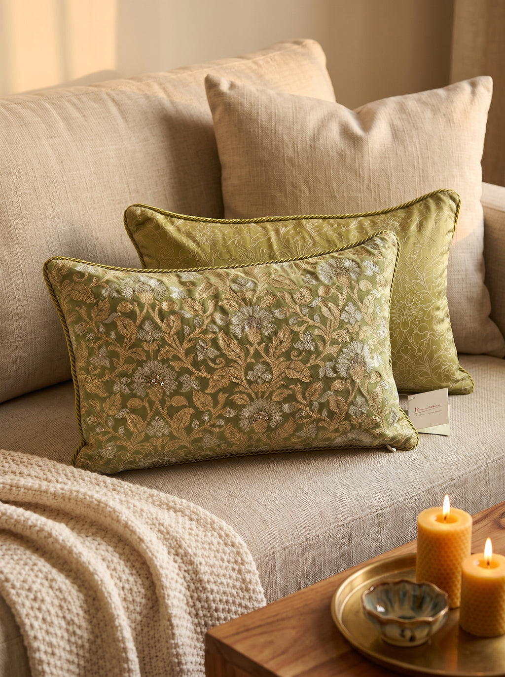 Velvet Cushion Cover 20x14" – New Mughal Jaal Aari Embroidery – Green