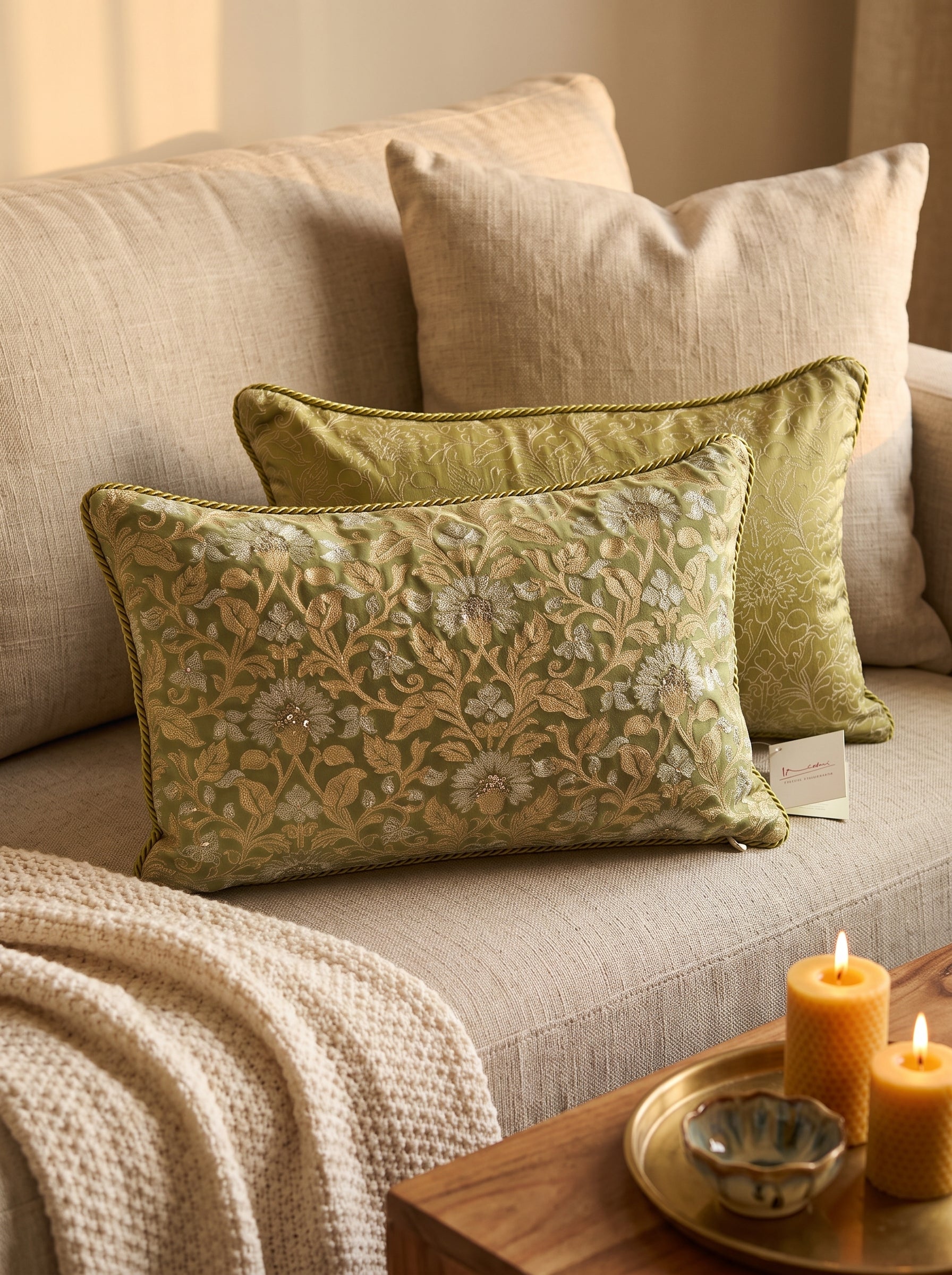 Velvet Cushion Cover 20x14" – New Mughal Jaal Aari Embroidery – Green