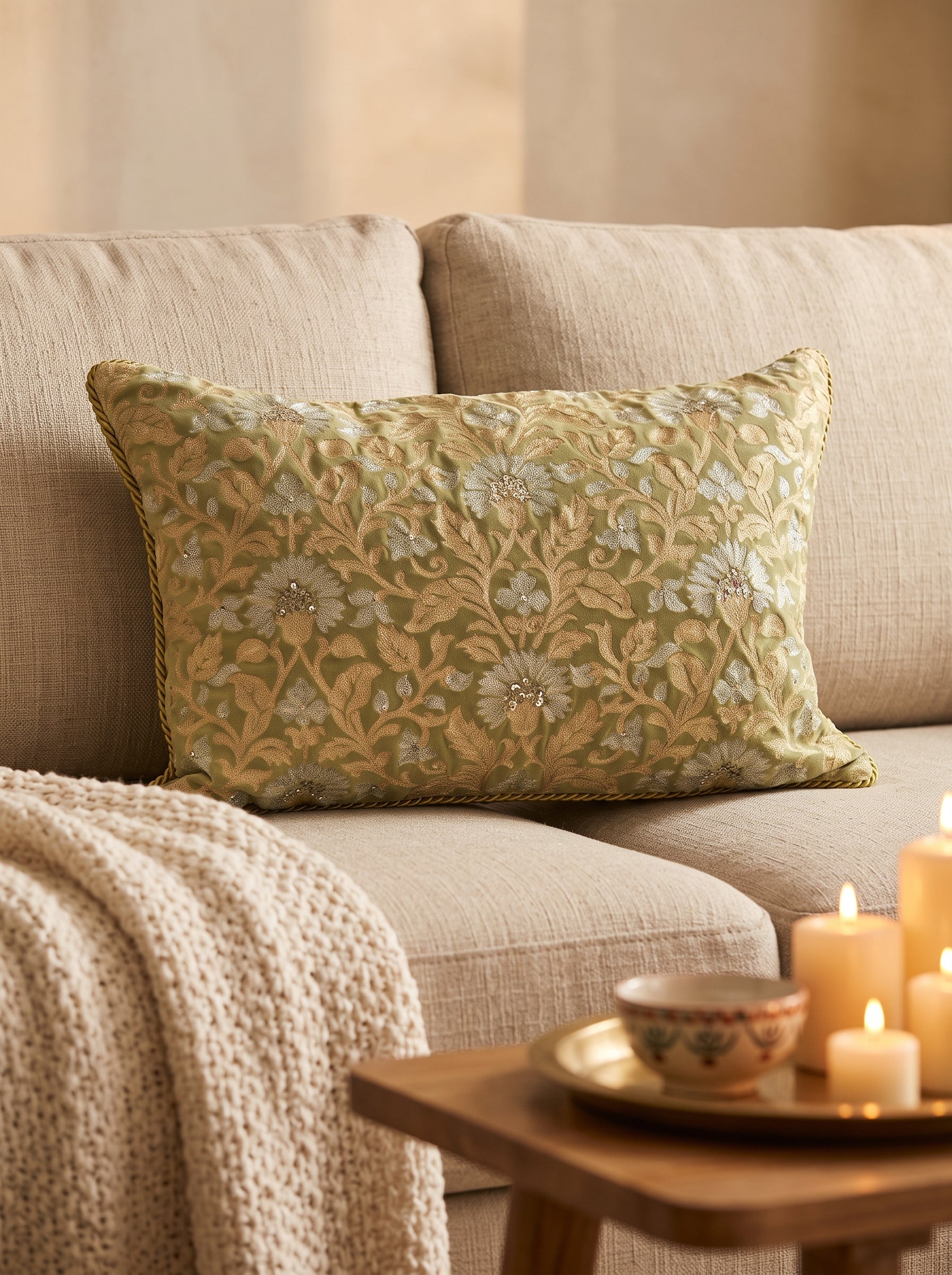 Velvet Cushion Cover 20x14" – New Mughal Jaal Aari Embroidery – Green