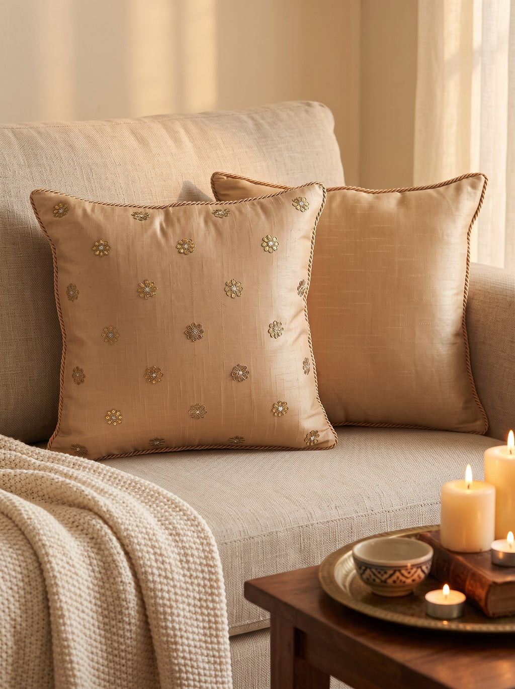 Dupion Cushion 14'X14' Gota Patti Round Buti-Beige