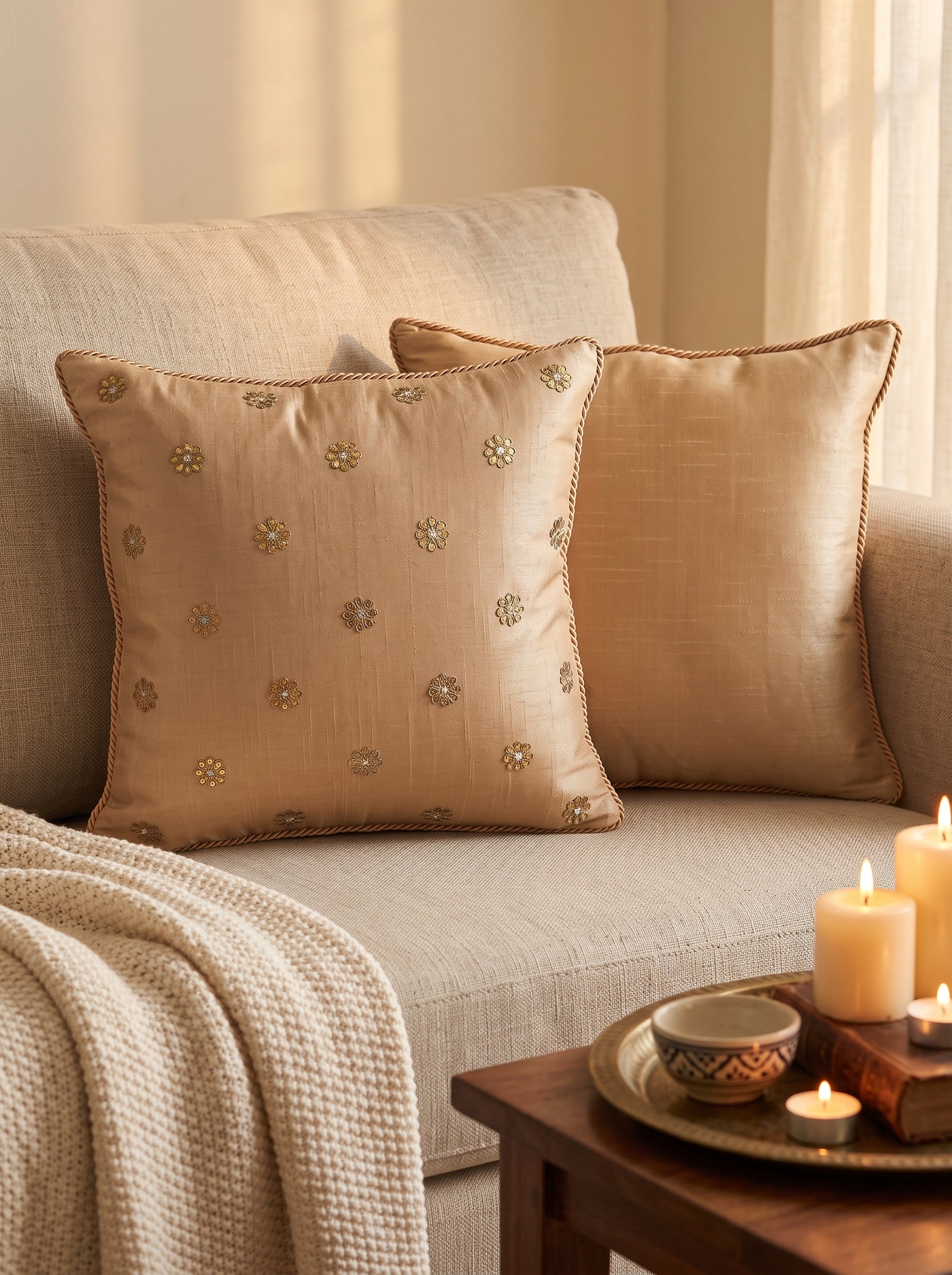 Dupion Cushion 14'X14' Gota Patti Round Buti-Beige