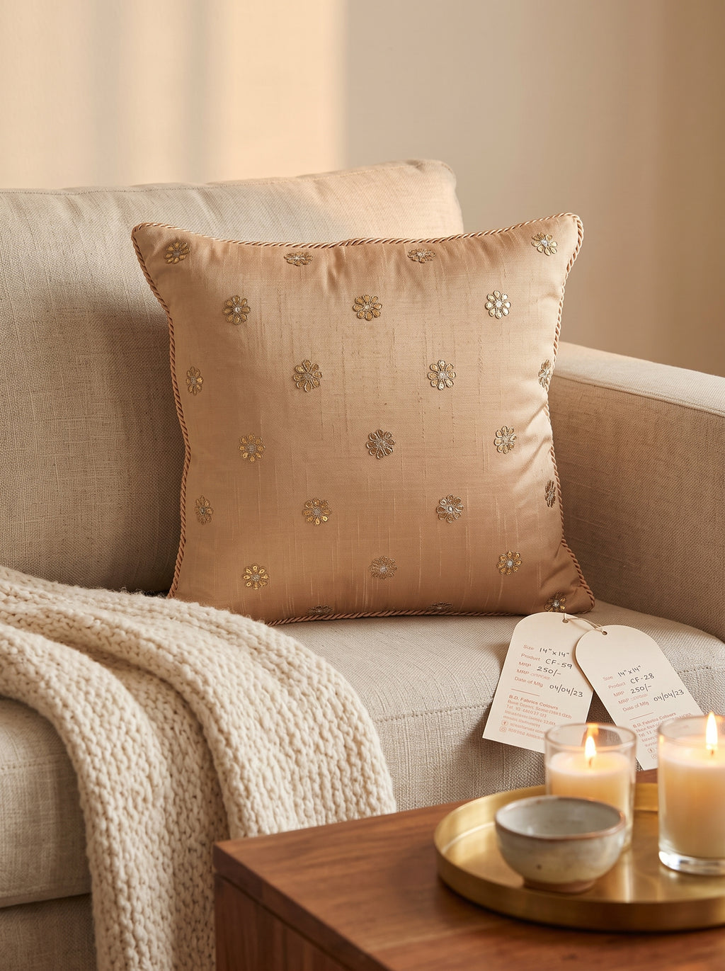 Dupion Cushion 14'X14' Gota Patti Round Buti-Beige