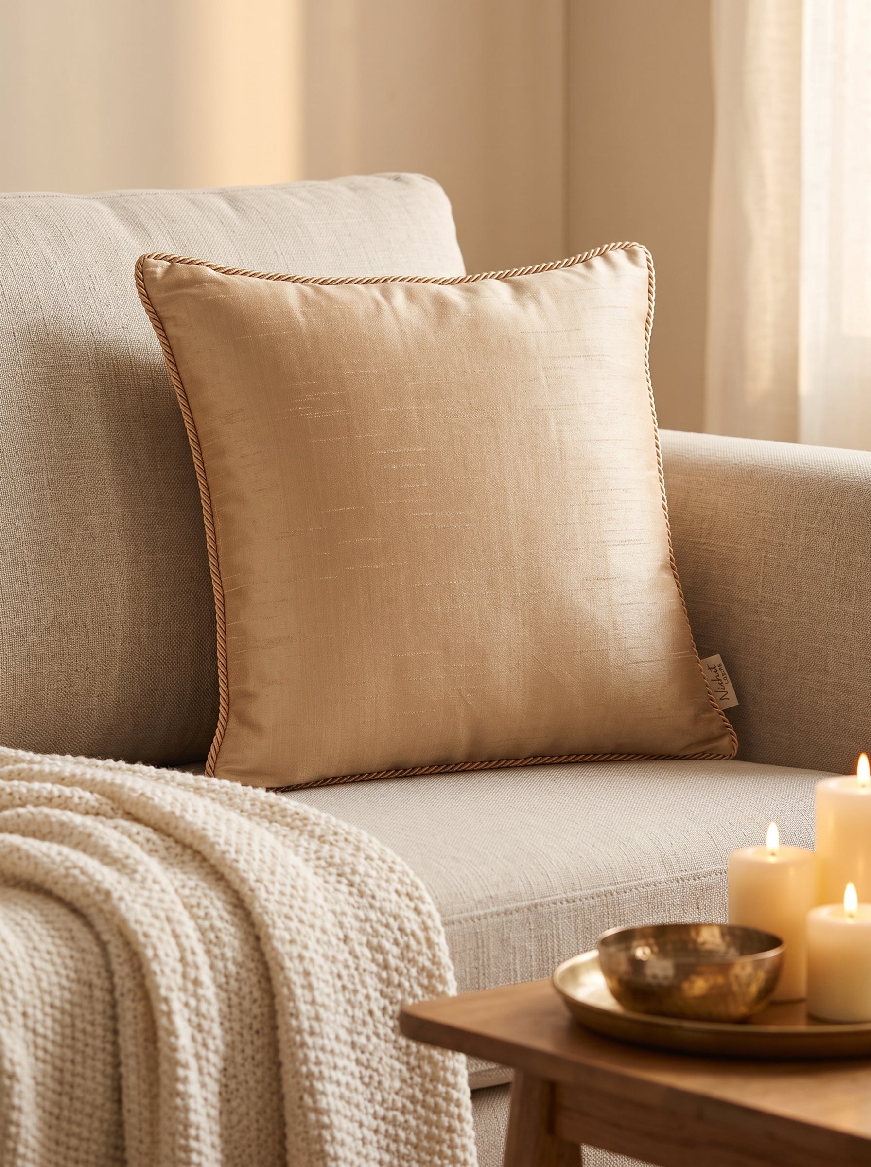 Dupion Cushion 14'X14' Gota Patti Round Buti-Beige