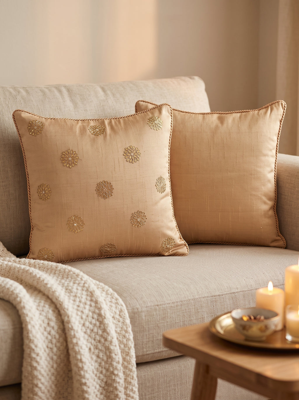 Dupion Cushion 14'X14' Double Round Buti-Beige