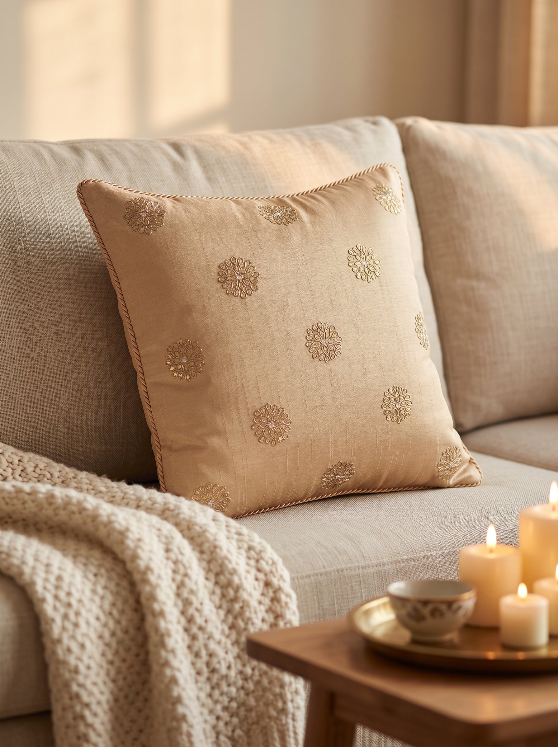 Dupion Cushion 14'X14' Double Round Buti-Beige