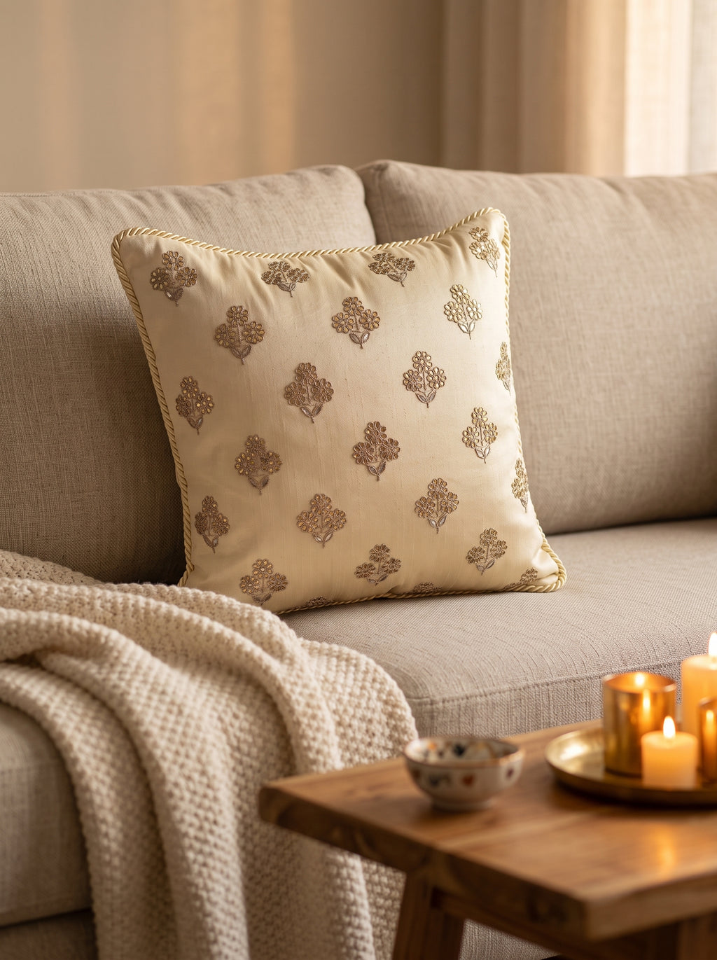 Dupion Cushion 14'X14' Gota Patti Flower Design -Ivory