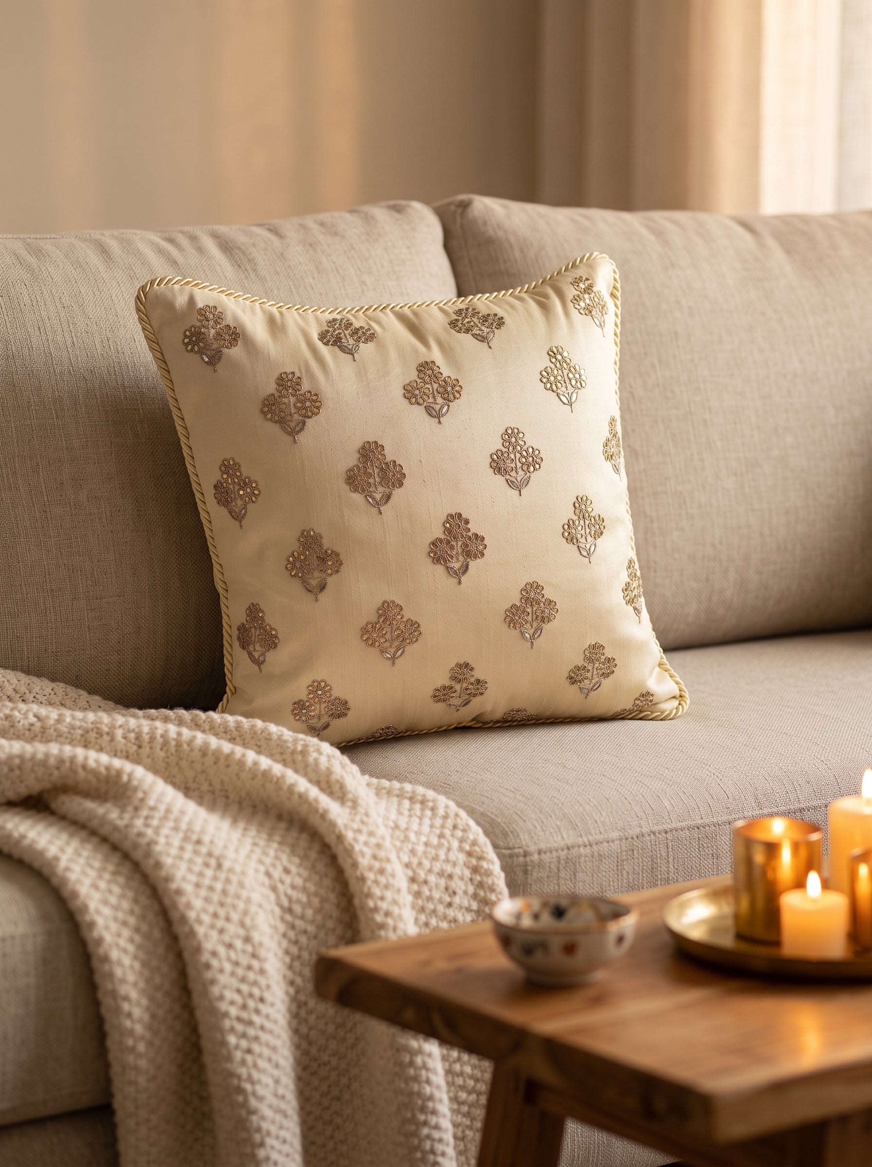 Dupion Cushion 14'X14' Gota Patti Flower Design -Ivory