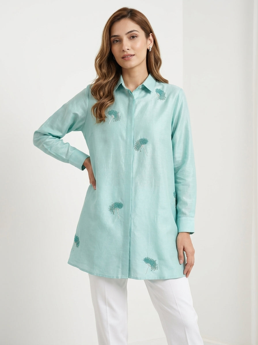 Chanderi Blowing Dandelion Embroidery Shirt – Sage Blue | Women's Designer Ethnic Wear