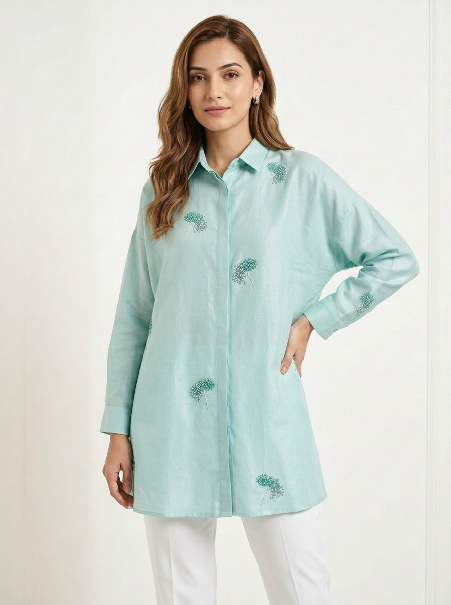Chanderi Blowing Dandelion Embroidery Shirt – Sage Blue | Women's Designer Ethnic Wear