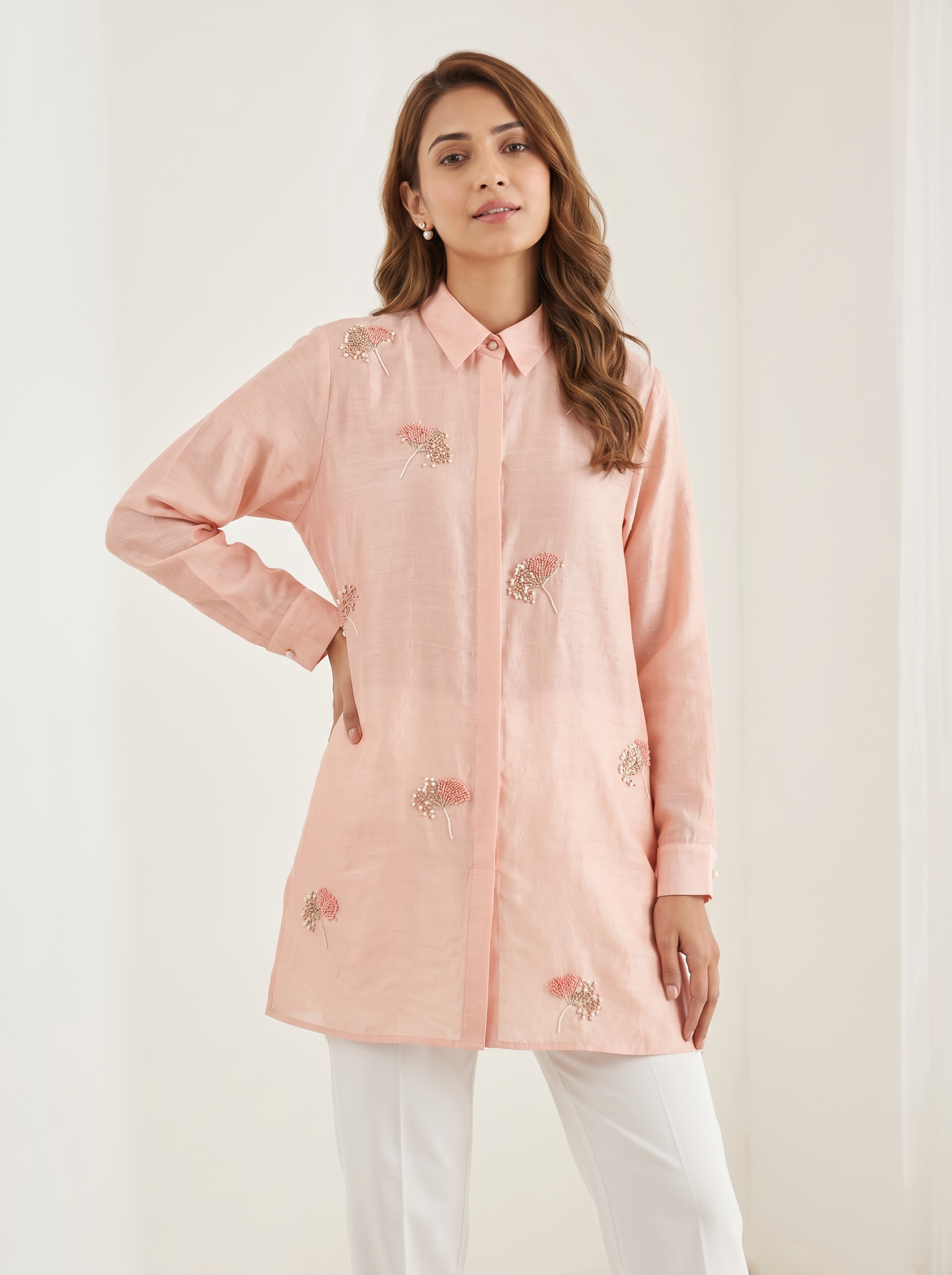 Dupion Silk Blowing Dandelion Embroidery Shirt – Light Pink | Women's Designer Ethnic Wear