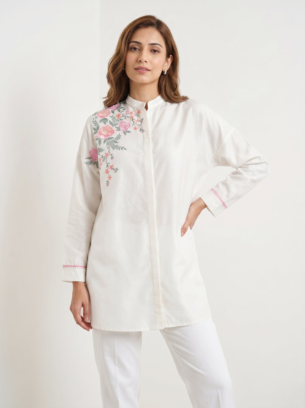 Chanderi Oriental Bloom Embroidery Shirt – Off White | Women's Designer Ethnic Wear