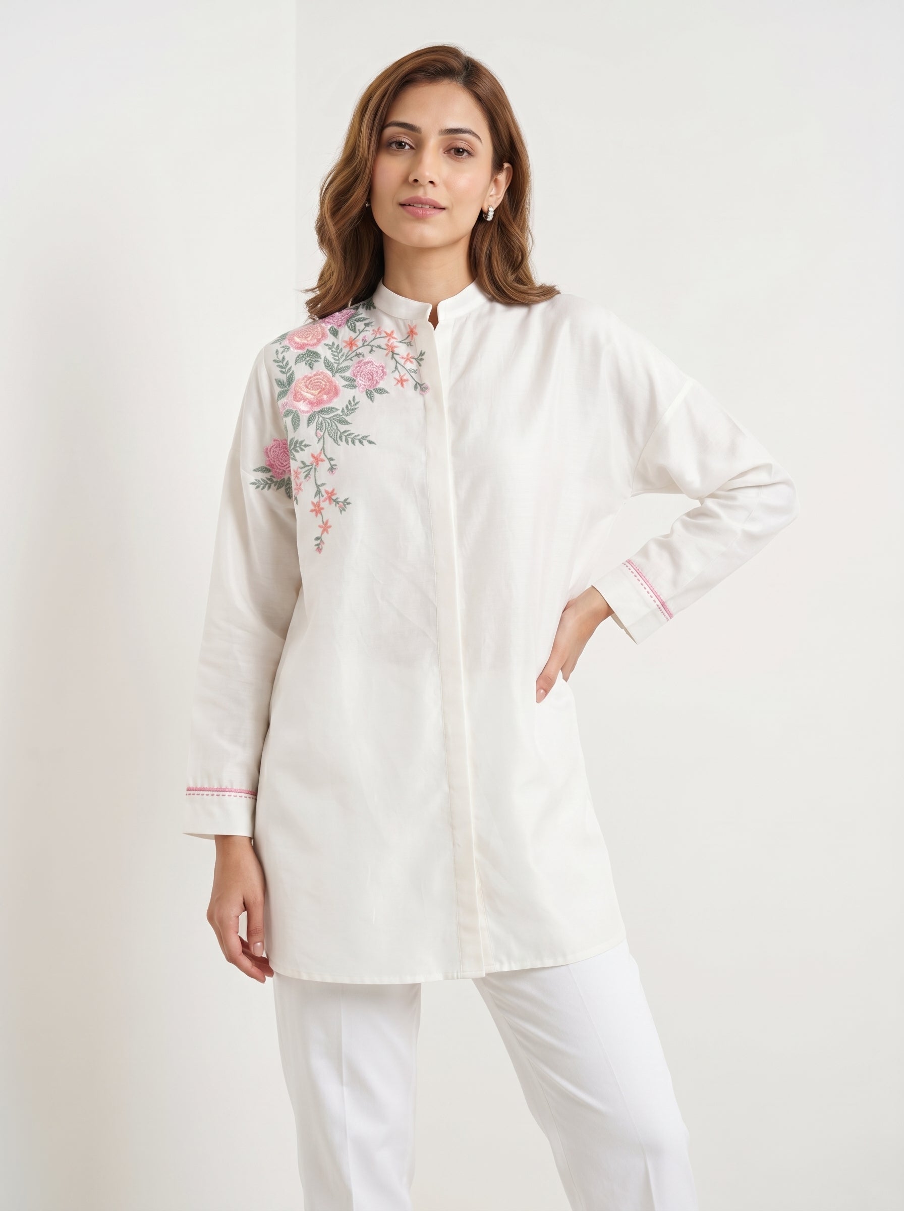 Chanderi Oriental Bloom Embroidery Shirt – Off White | Women's Designer Ethnic Wear