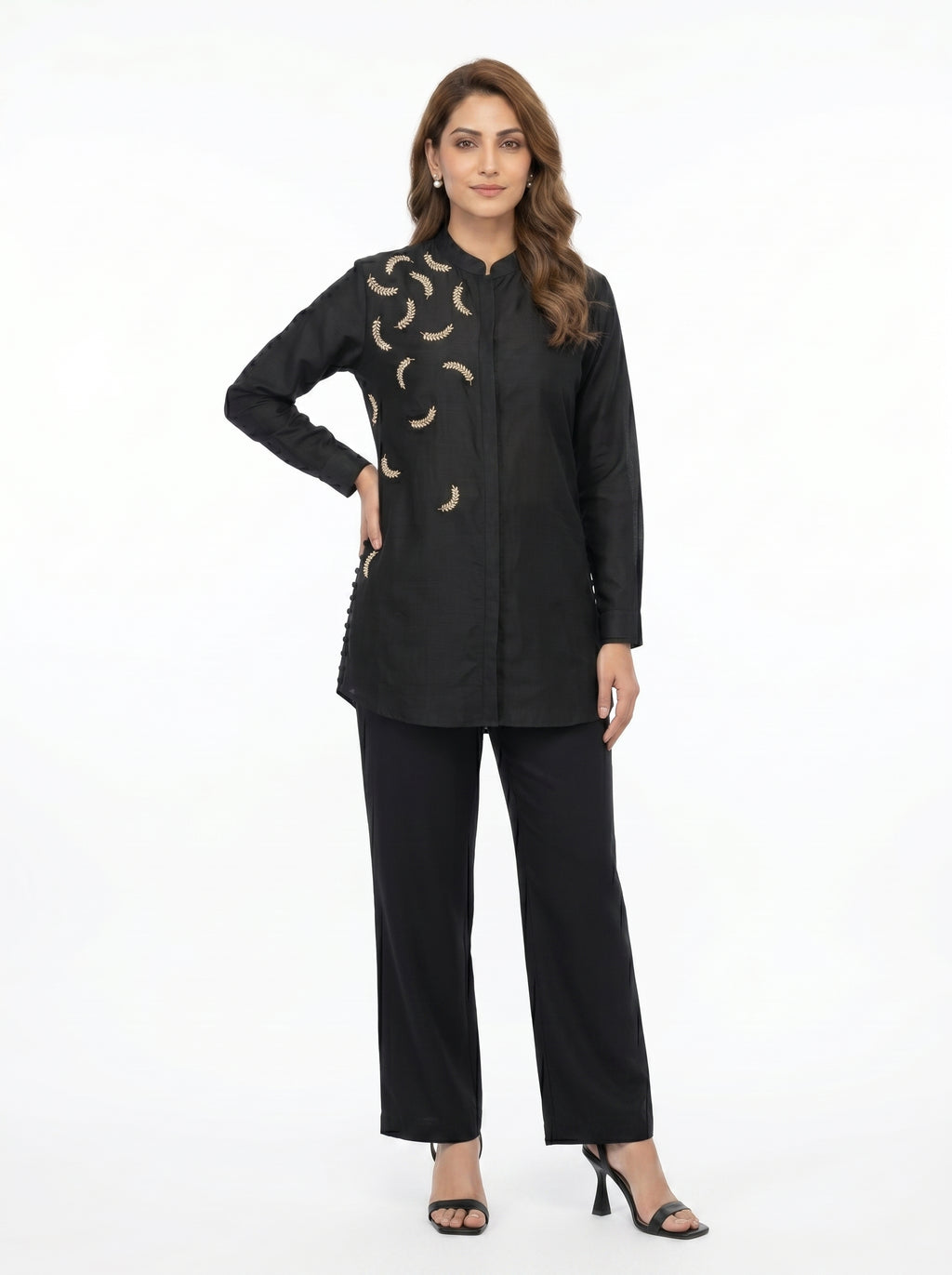 Chanderi Sequin Pearl Leaf Embroidery Shirt & Cotton Silk Trouser Co-ord Set – Black | Women's Designer Ethnic Wear