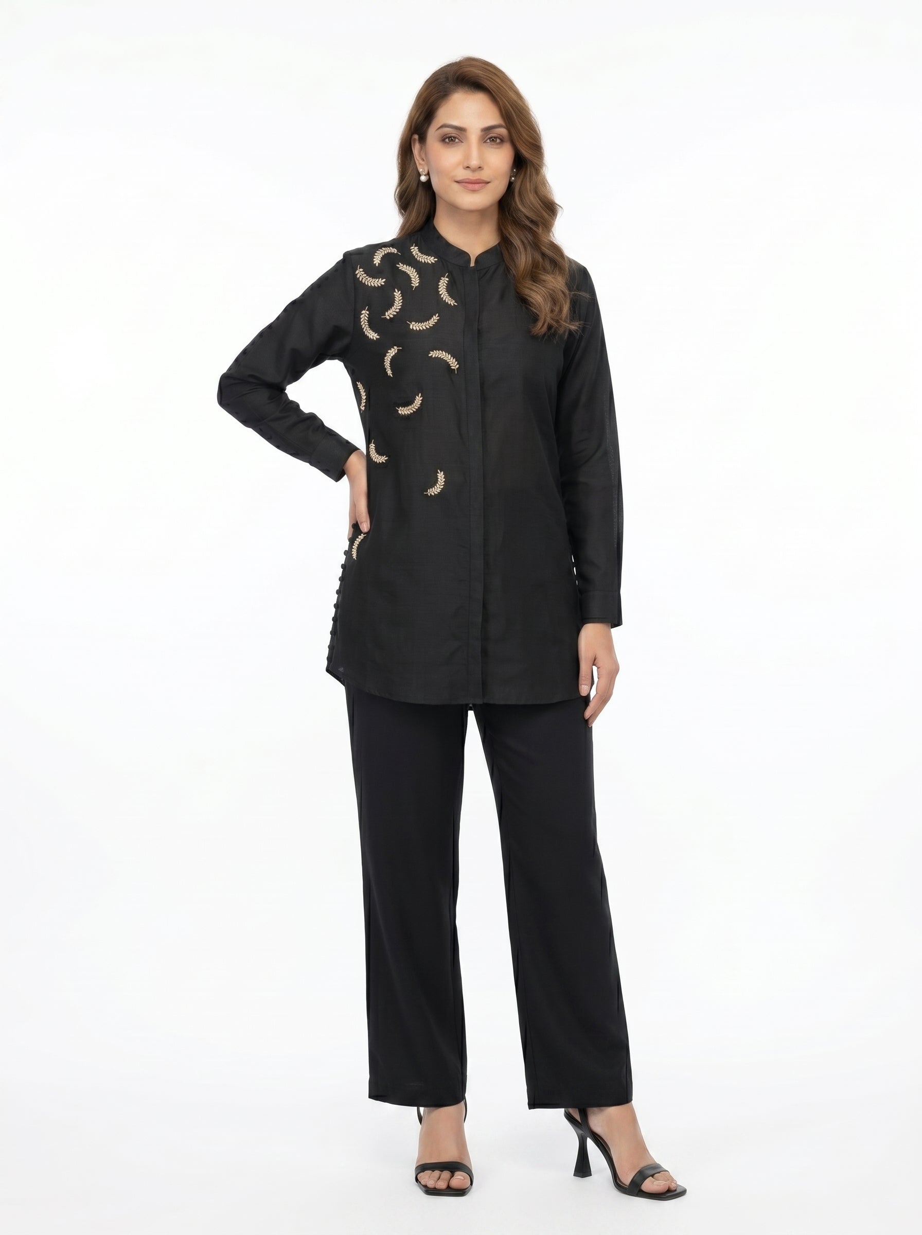 Chanderi Sequin Pearl Leaf Embroidery Shirt & Cotton Silk Trouser Co-ord Set – Black | Women's Designer Ethnic Wear